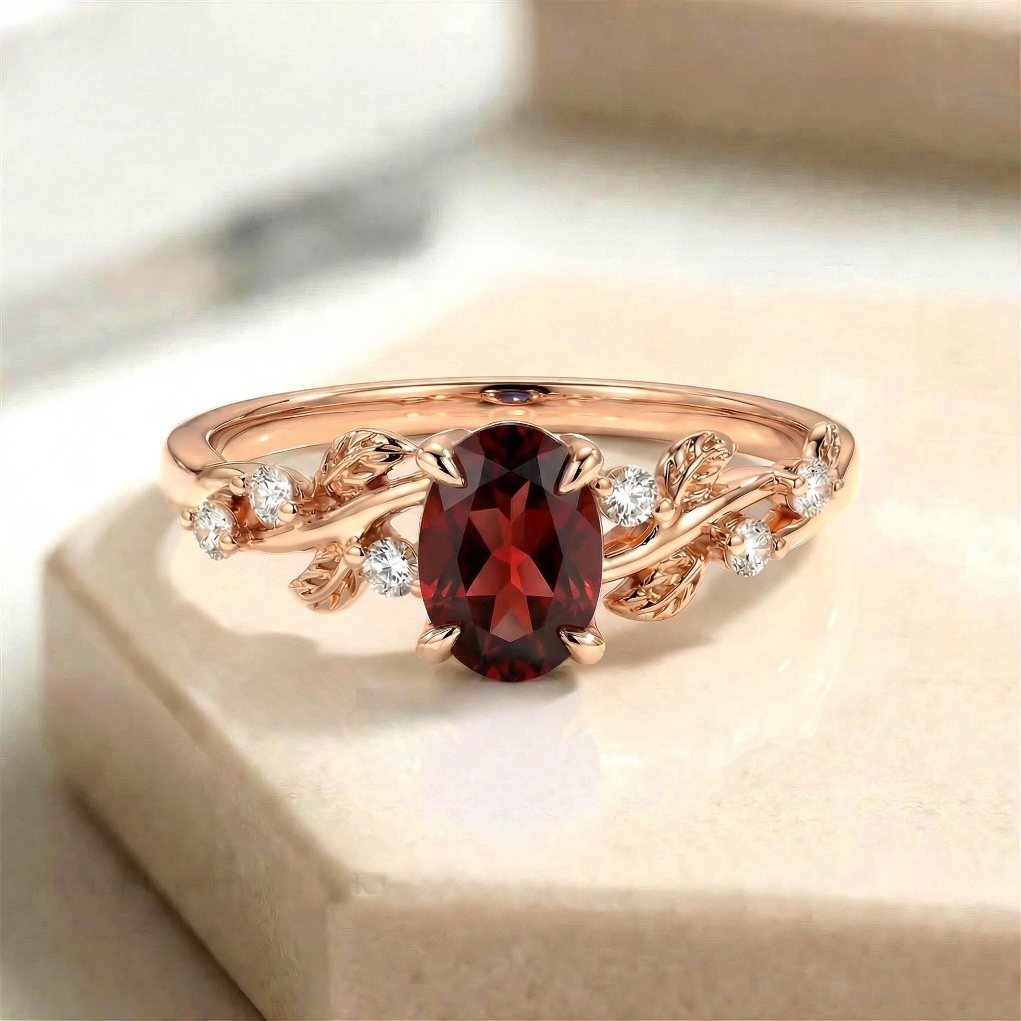 Garnet Ring for Women – Meaningful Gift – 14K Gold Nature Inspired Jewelry