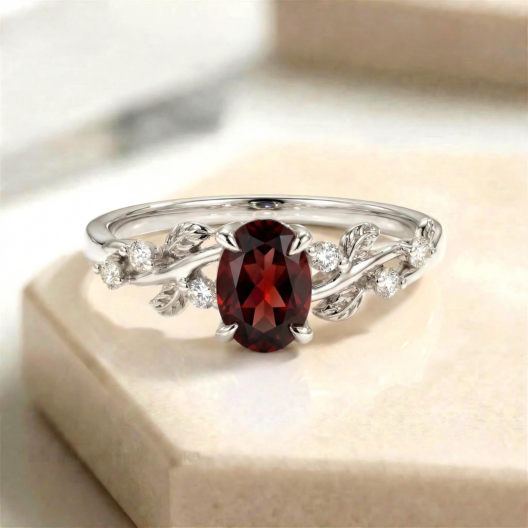 Garnet Ring for Women – Meaningful Gift – 14K Gold Nature Inspired Jewelry