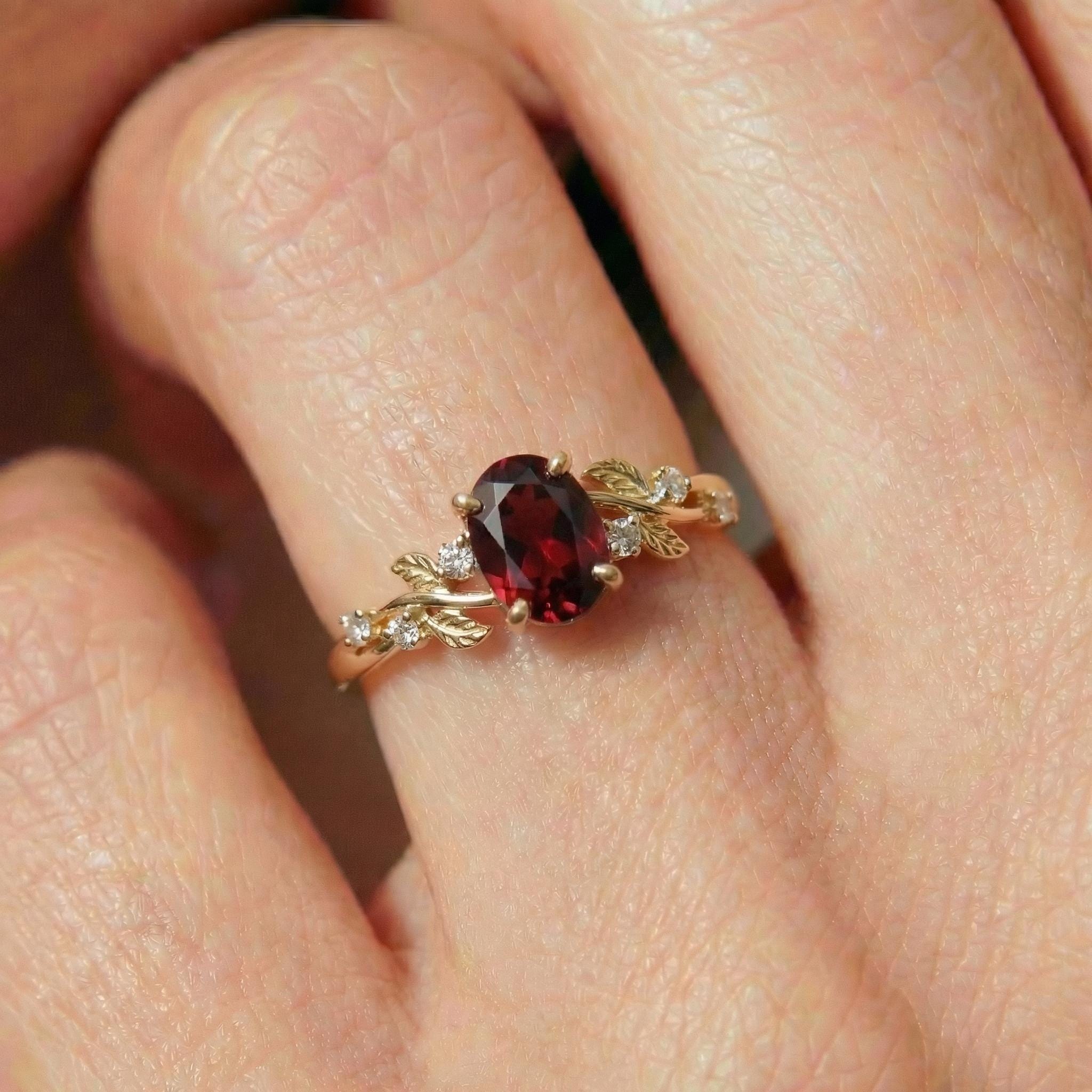 Garnet Ring for Women – Meaningful Gift – 14K Gold Nature Inspired Jewelry