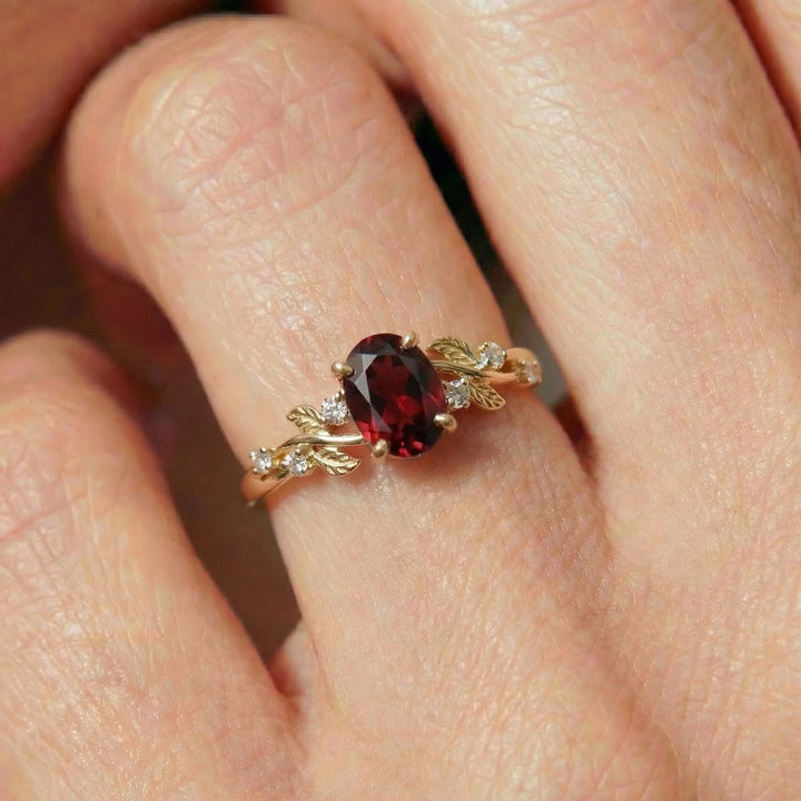 Garnet Ring for Women – Meaningful Gift – 14K Gold Nature Inspired Jewelry
