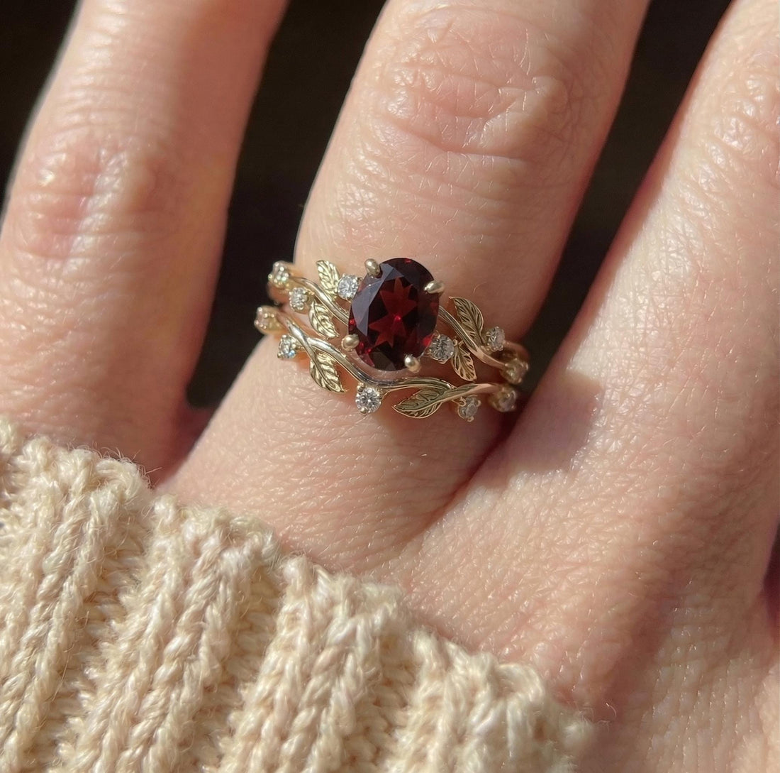 Garnet Ring for Women – Meaningful Gift – 14K Gold Nature Inspired Jewelry