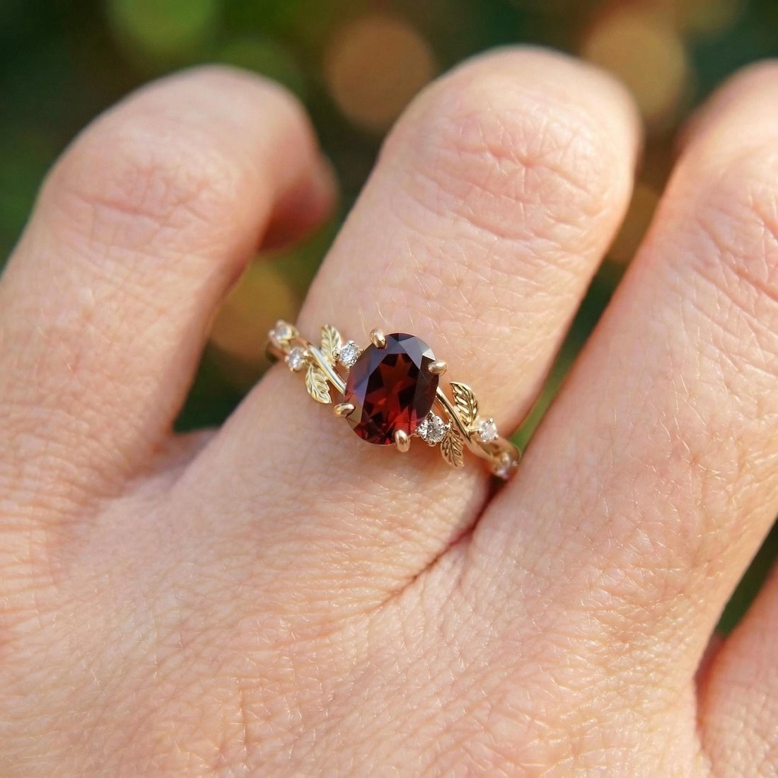Garnet Ring for Women – Meaningful Gift – 14K Gold Nature Inspired Jewelry