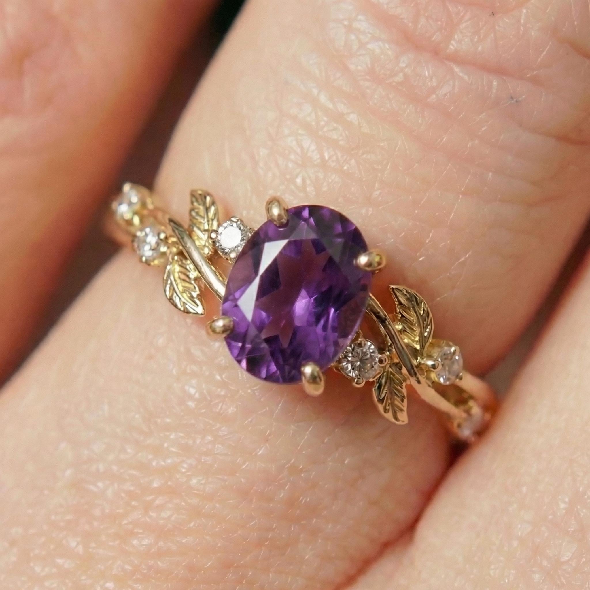 Amethyst Ring for Women – Push Present Gift – 14K Gold Nature Inspired Jewelry