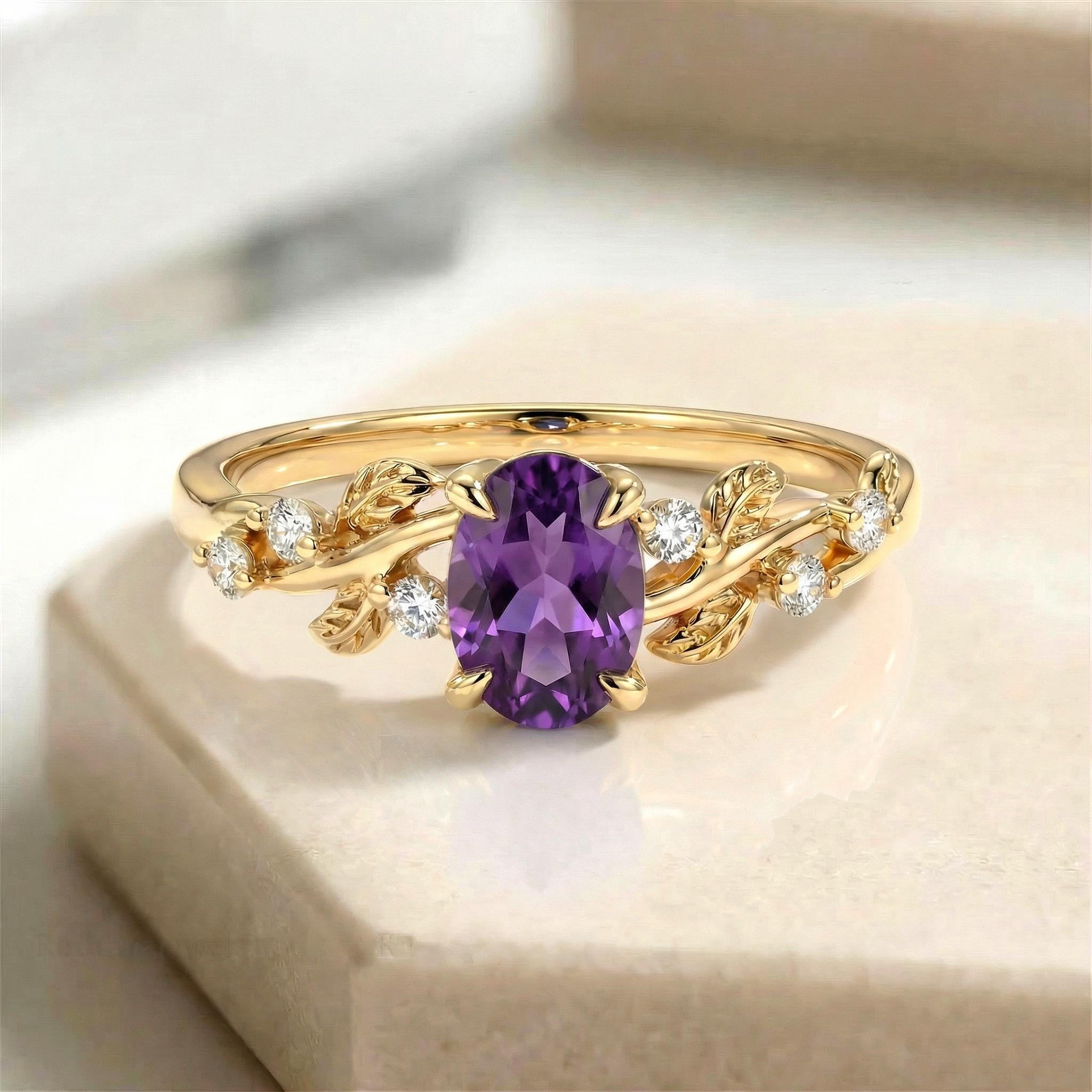 Amethyst Ring for Women – Push Present Gift – 14K Gold Nature Inspired Jewelry