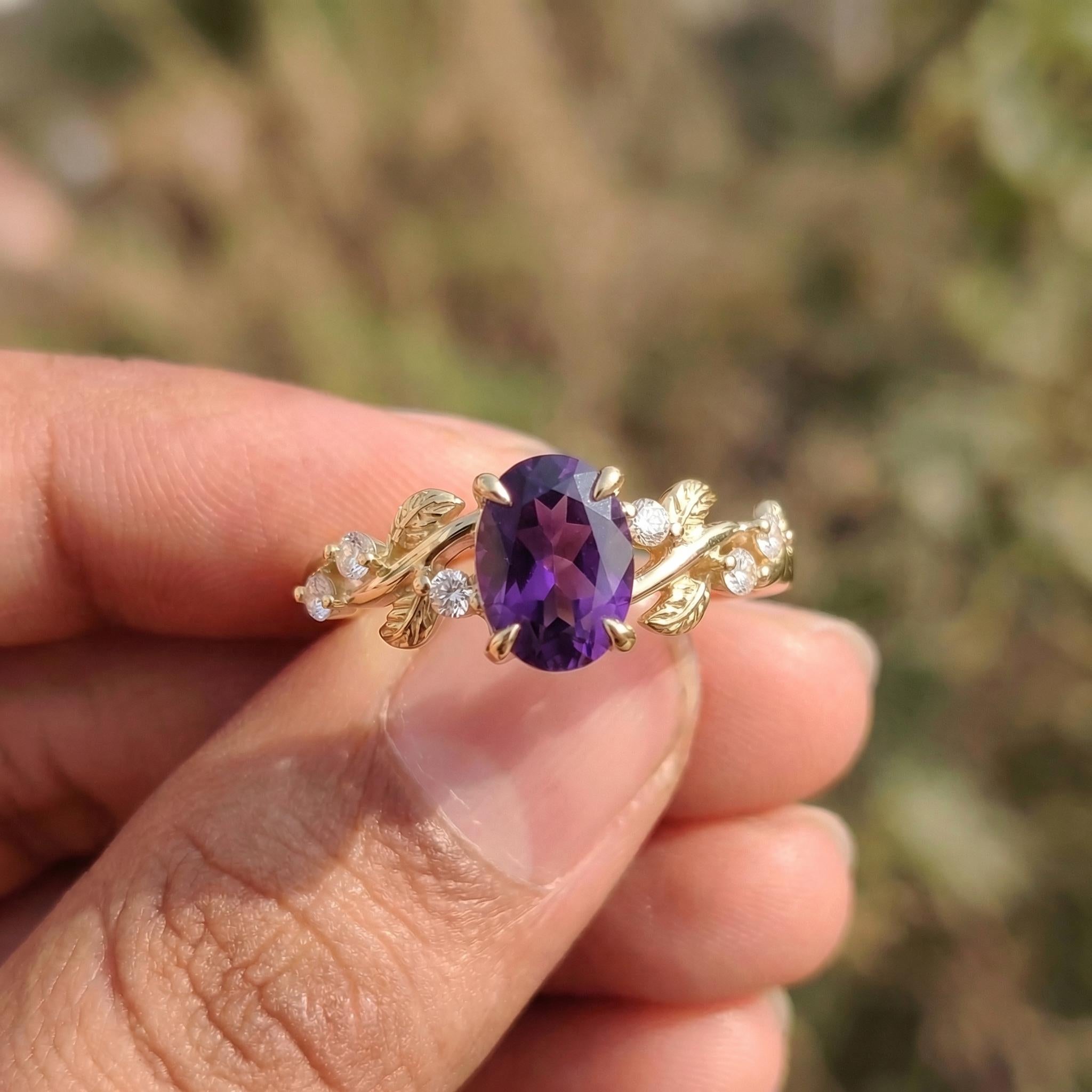 Amethyst Ring for Women – Push Present Gift – 14K Gold Nature Inspired Jewelry