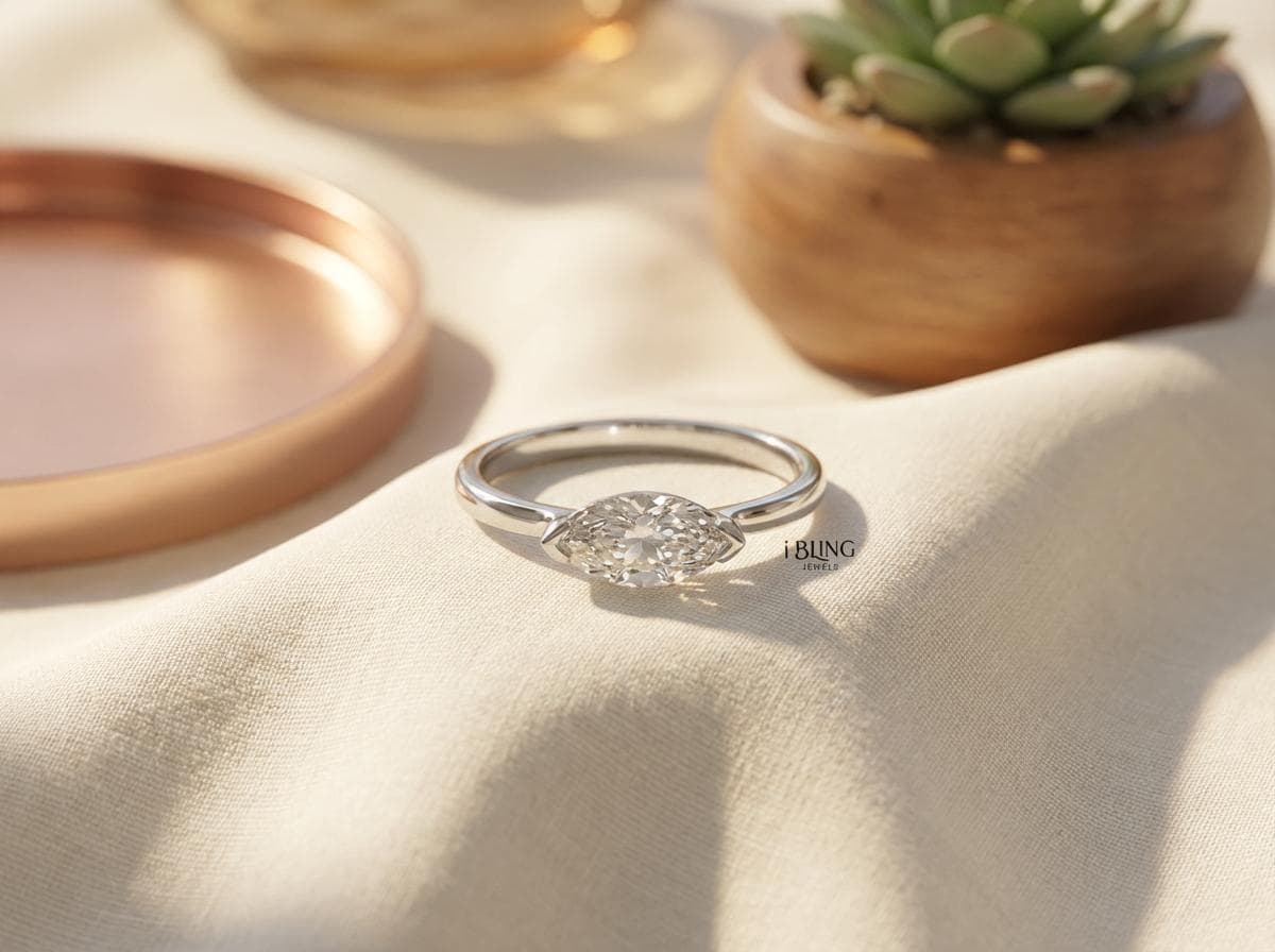 Marquise Moissanite Travel Ring | Minimalist Solitaire Engagement Ring | Dainty Marquise Cut Vacation Ring | Low Profile Promise Ring