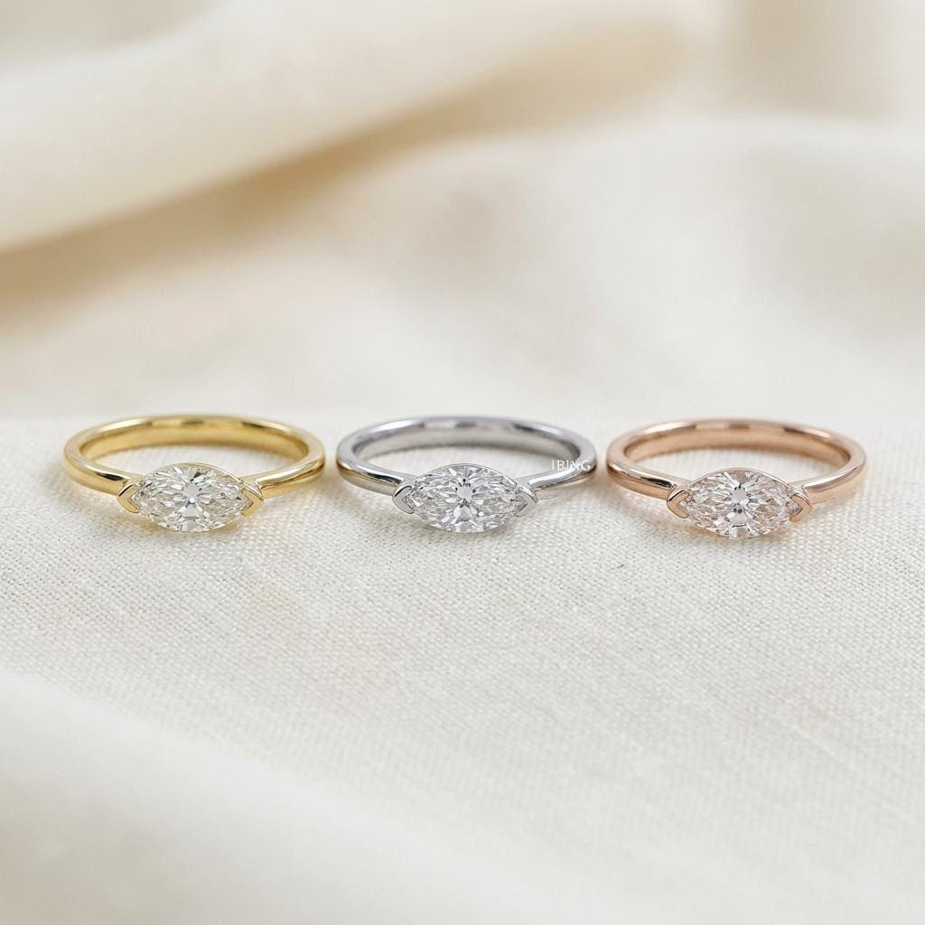 Marquise Moissanite Travel Ring | Minimalist Solitaire Engagement Ring | Dainty Marquise Cut Vacation Ring | Low Profile Promise Ring