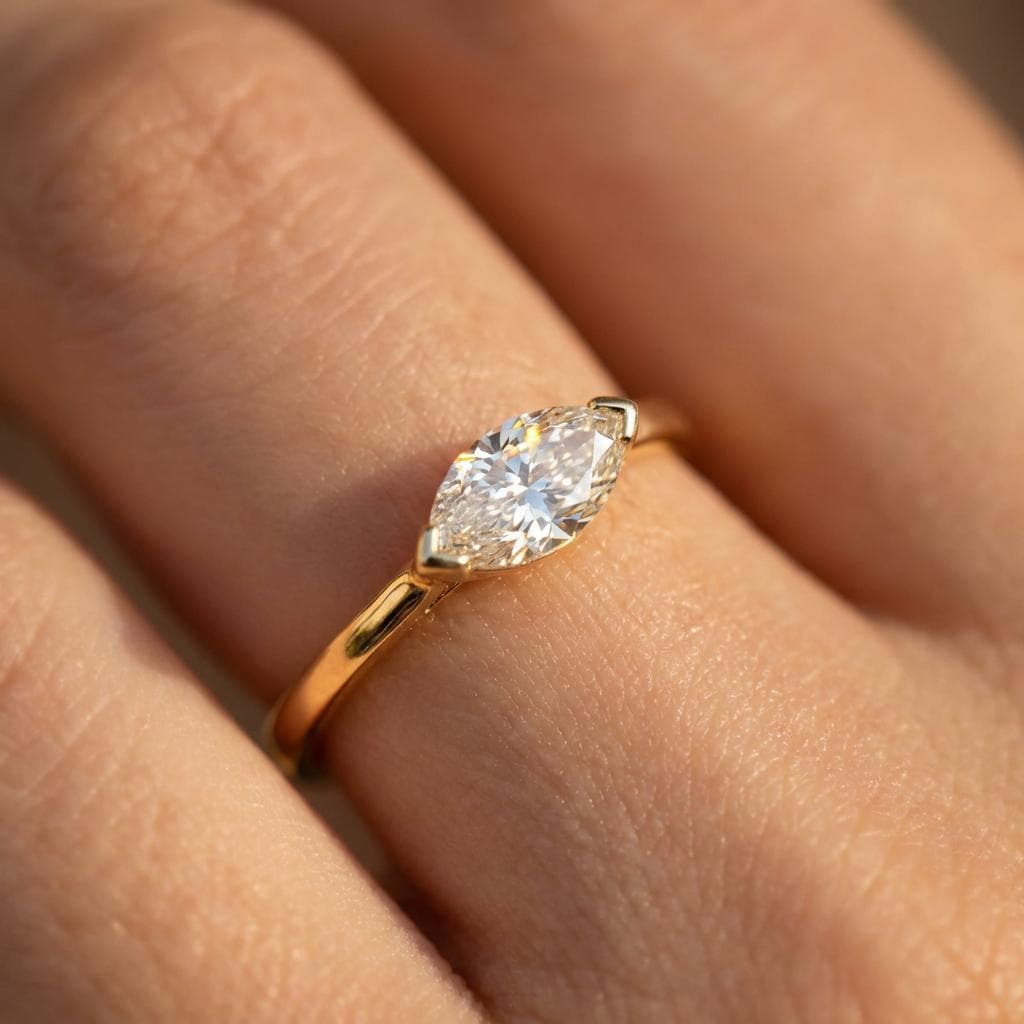 Marquise Moissanite Travel Ring | Minimalist Solitaire Engagement Ring | Dainty Marquise Cut Vacation Ring | Low Profile Promise Ring