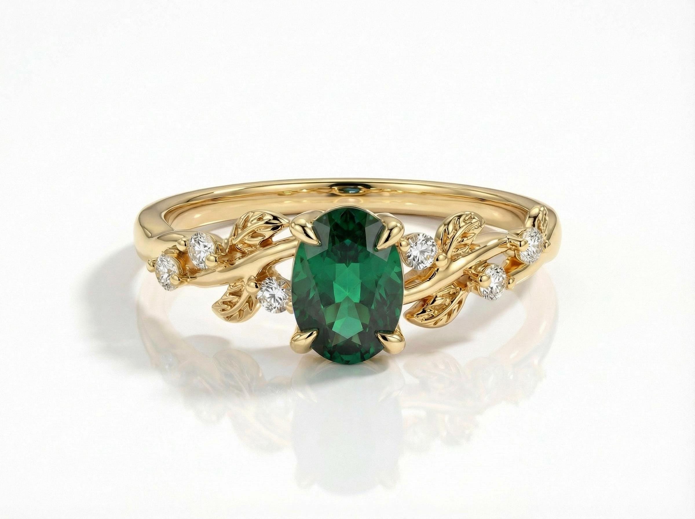 Emerald Ring for Women – Gift for Mom – 14K Gold Nature Inspired Jewelry