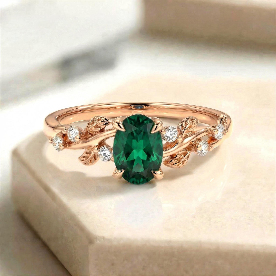 Emerald Ring for Women – Gift for Mom – 14K Gold Nature Inspired Jewelry