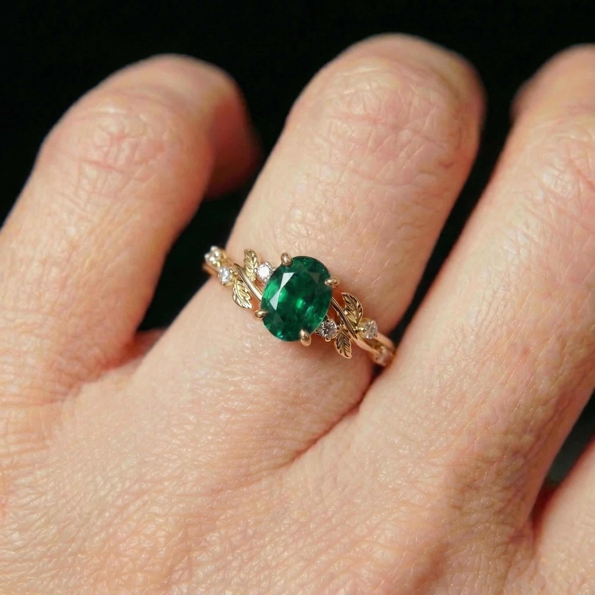 Emerald Ring for Women – Gift for Mom – 14K Gold Nature Inspired Jewelry