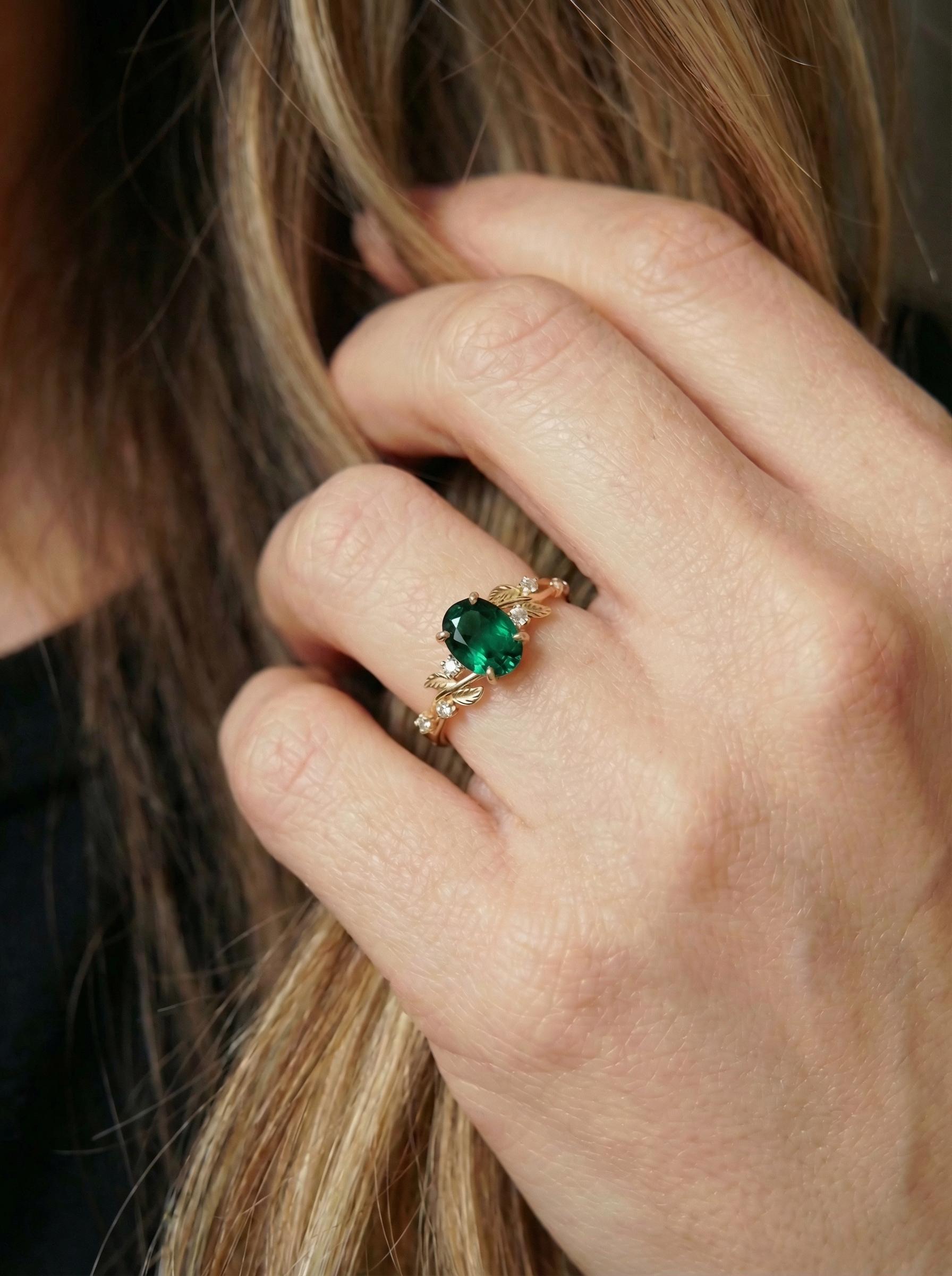 Emerald Ring for Women – Gift for Mom – 14K Gold Nature Inspired Jewelry