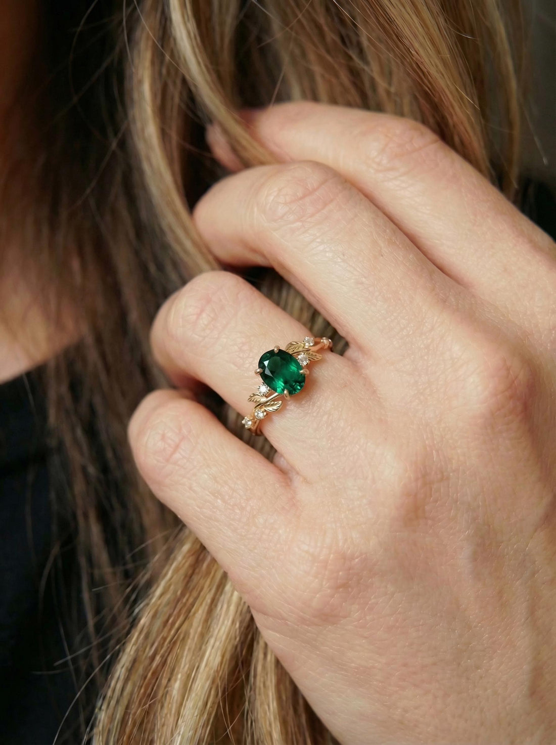 Emerald Ring for Women – Gift for Mom – 14K Gold Nature Inspired Jewelry