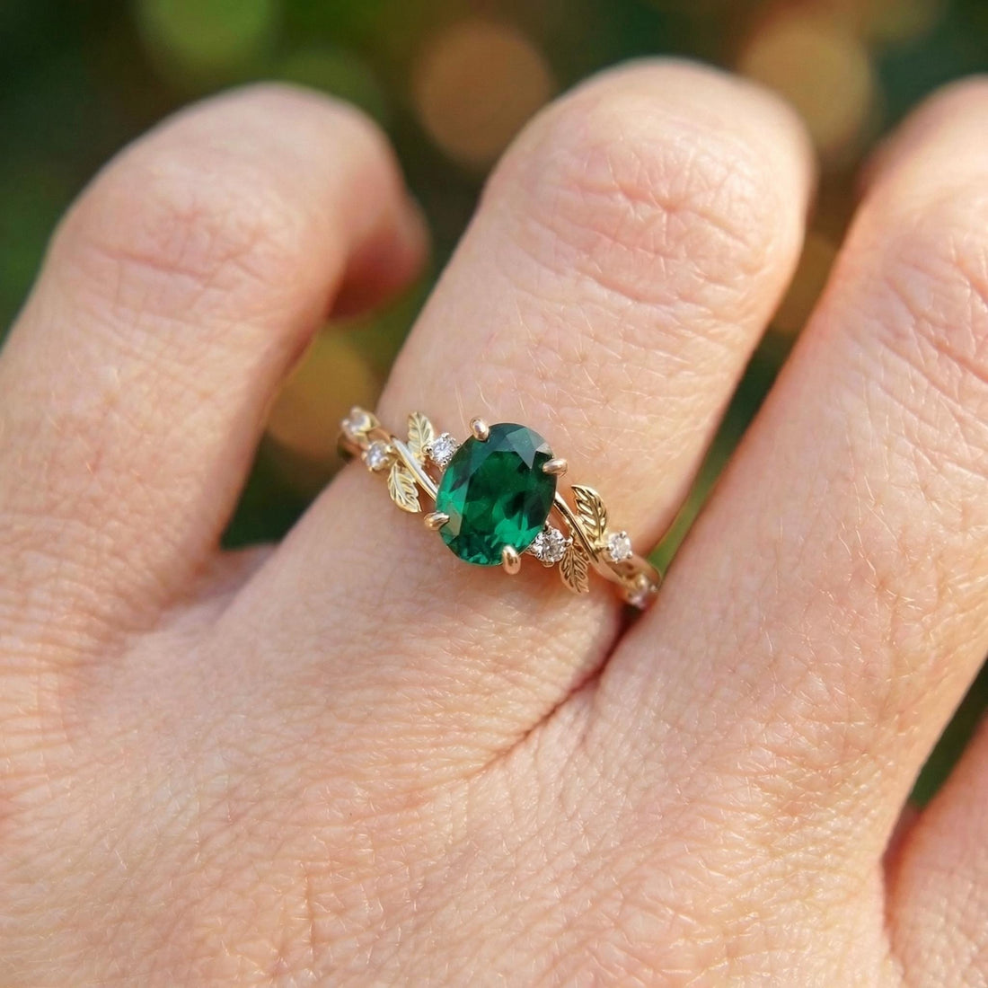 Emerald Ring for Women – Gift for Mom – 14K Gold Nature Inspired Jewelry