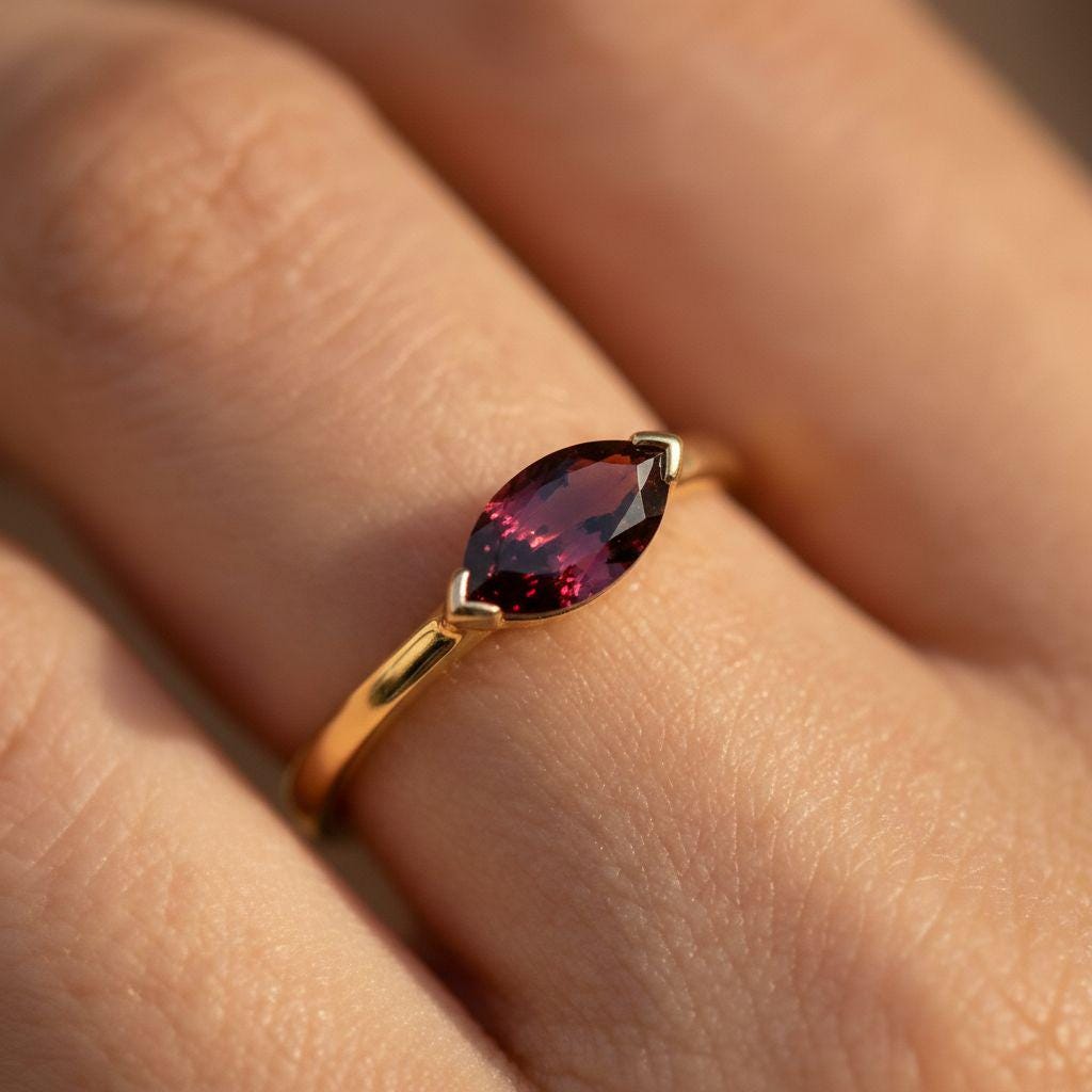 East West Marquise Garnet CZ Travel Ring Minimalist Red Solitaire Ring January Birthstone Vacation Ring Dainty East West Engagement Ring