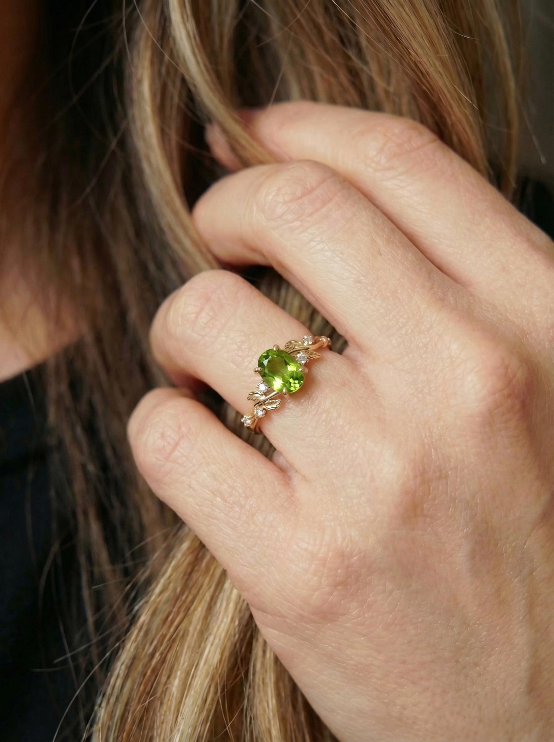 Nature Inspired Leaf Branch Peridot Ring – Gift for Mom – Leaf Branch Peridot Ring