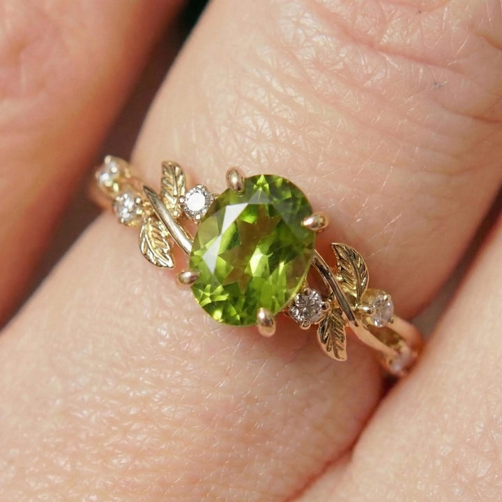 Nature Inspired Leaf Branch Peridot Ring – Gift for Mom – Leaf Branch Peridot Ring