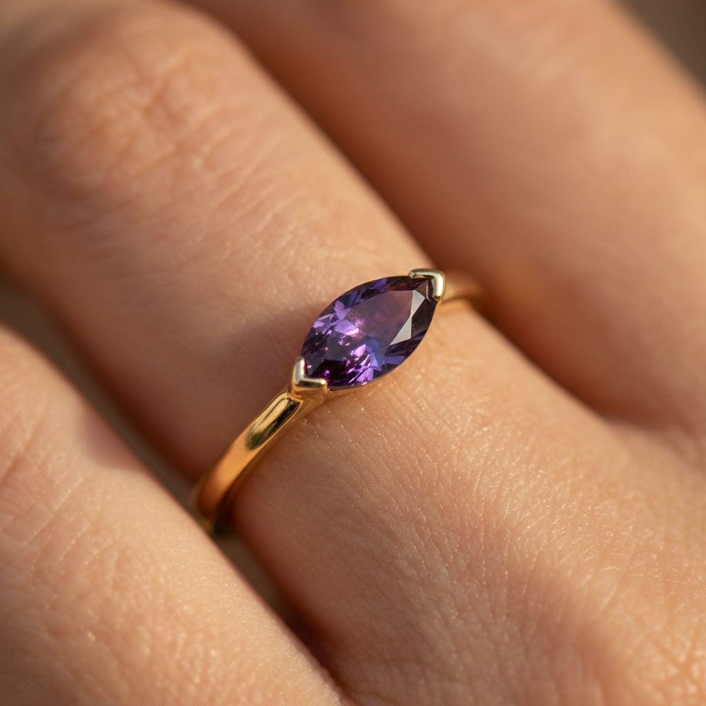 East West Marquise Amethyst CZ Travel Ring | Minimalist Purple Solitaire Ring | February Birthstone Vacation Ring | Dainty East West