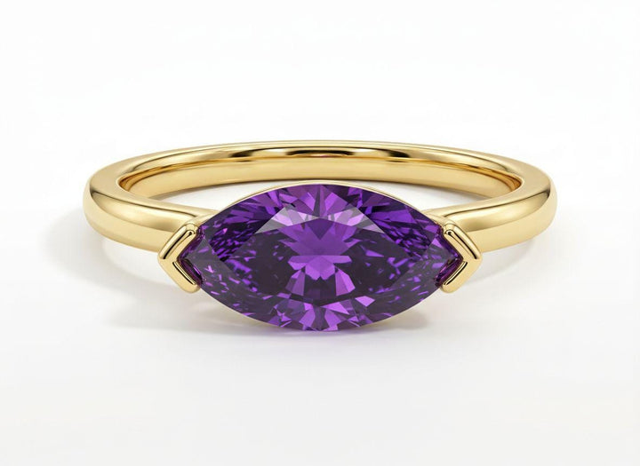 East West Marquise Amethyst CZ Travel Ring | Minimalist Purple Solitaire Ring | February Birthstone Vacation Ring | Dainty East West
