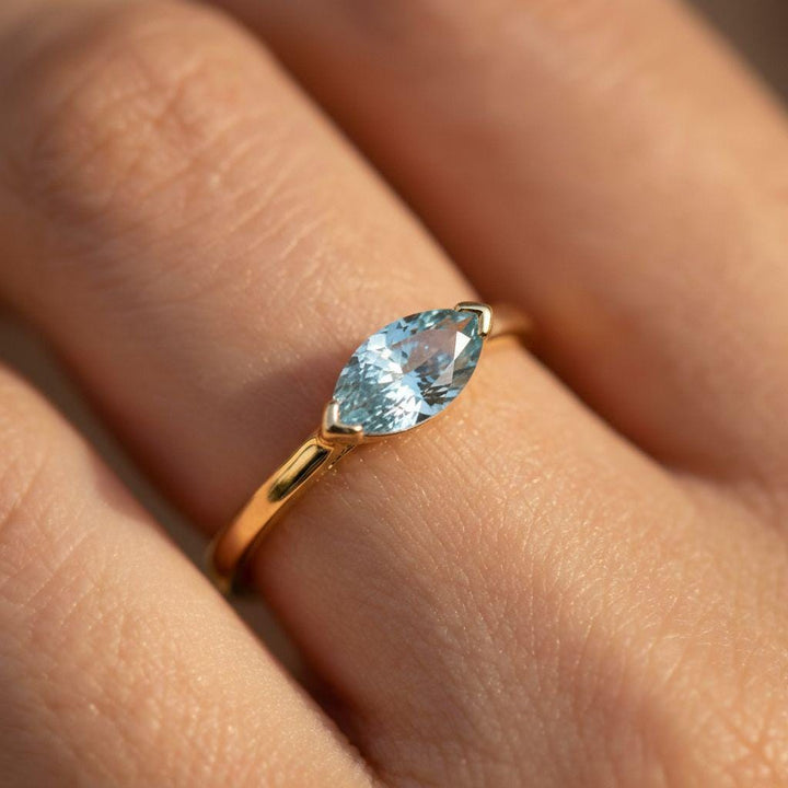 East West Marquise Aquamarine CZ Travel Ring | Minimalist Blue Solitaire Ring | March Birthstone Vacation Ring | Dainty Engagement Ring