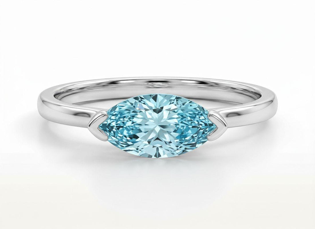 East West Marquise Aquamarine CZ Travel Ring | Minimalist Blue Solitaire Ring | March Birthstone Vacation Ring | Dainty Engagement Ring