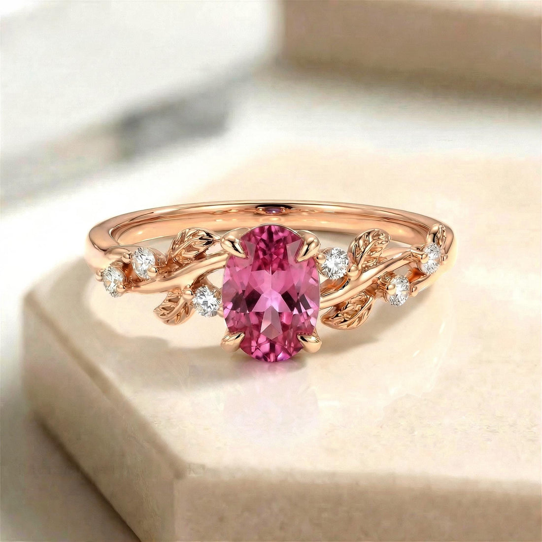Padparadscha Sapphire Ring for Women – Anniversary Gift – Gold Nature Inspired Jewelry