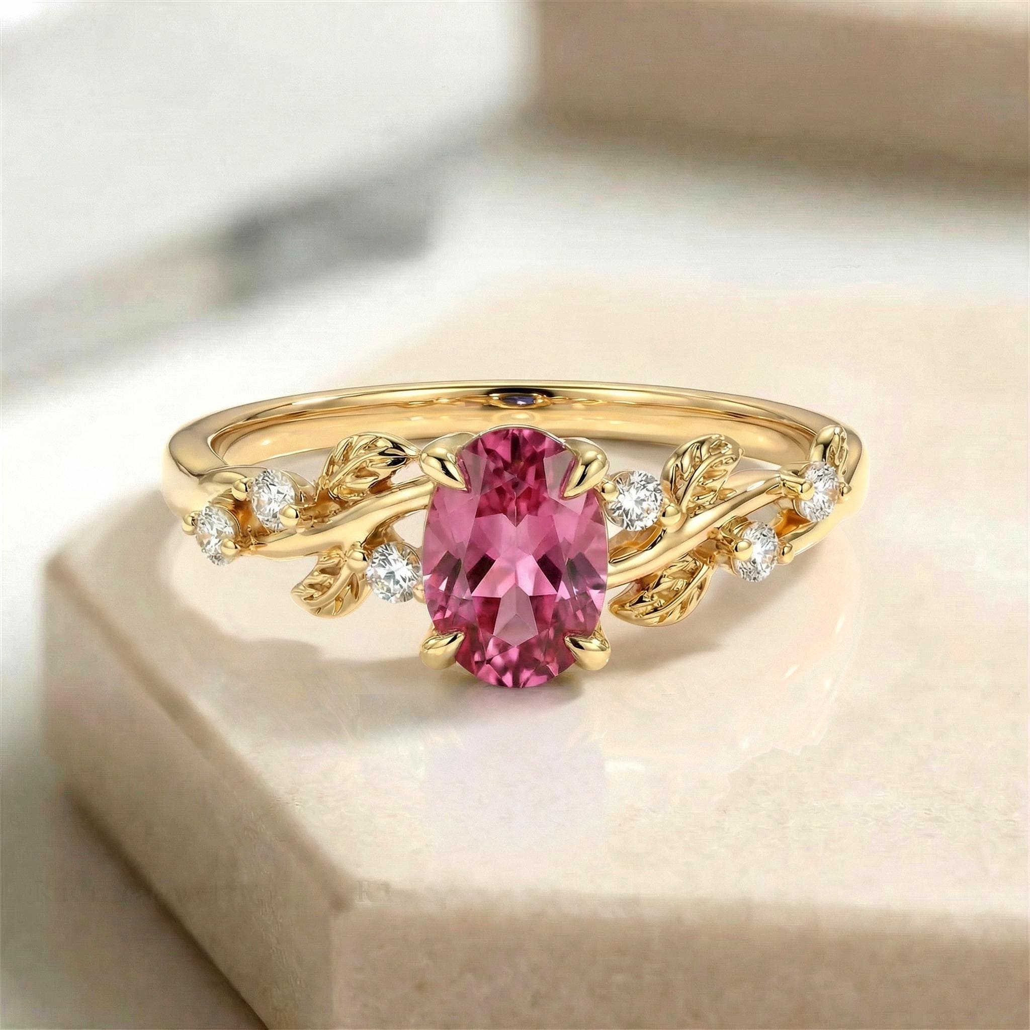 Padparadscha Sapphire Ring for Women – Anniversary Gift – Gold Nature Inspired Jewelry