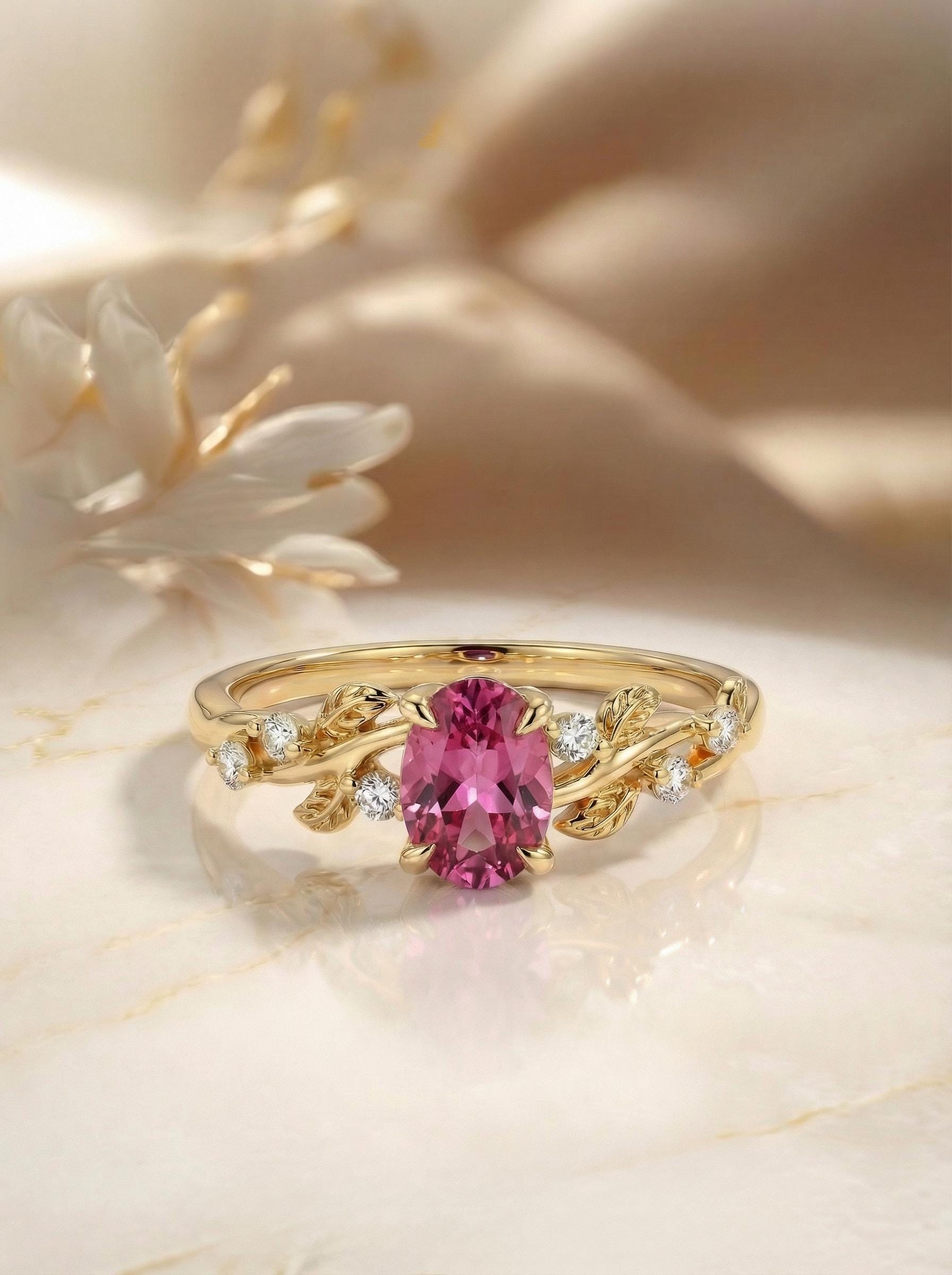 Padparadscha Sapphire Ring for Women – Anniversary Gift – Gold Nature Inspired Jewelry