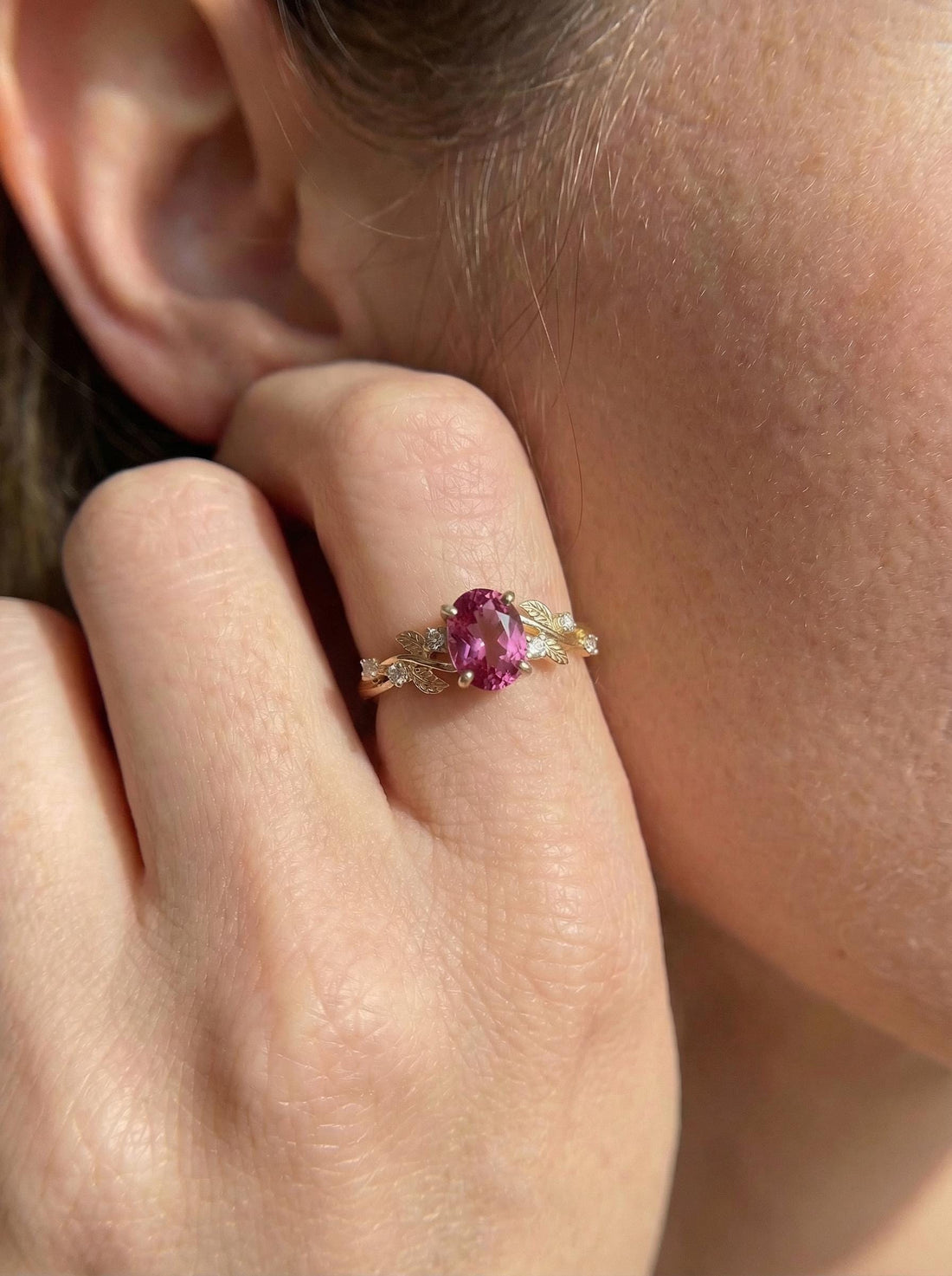 Padparadscha Sapphire Ring for Women – Anniversary Gift – Gold Nature Inspired Jewelry