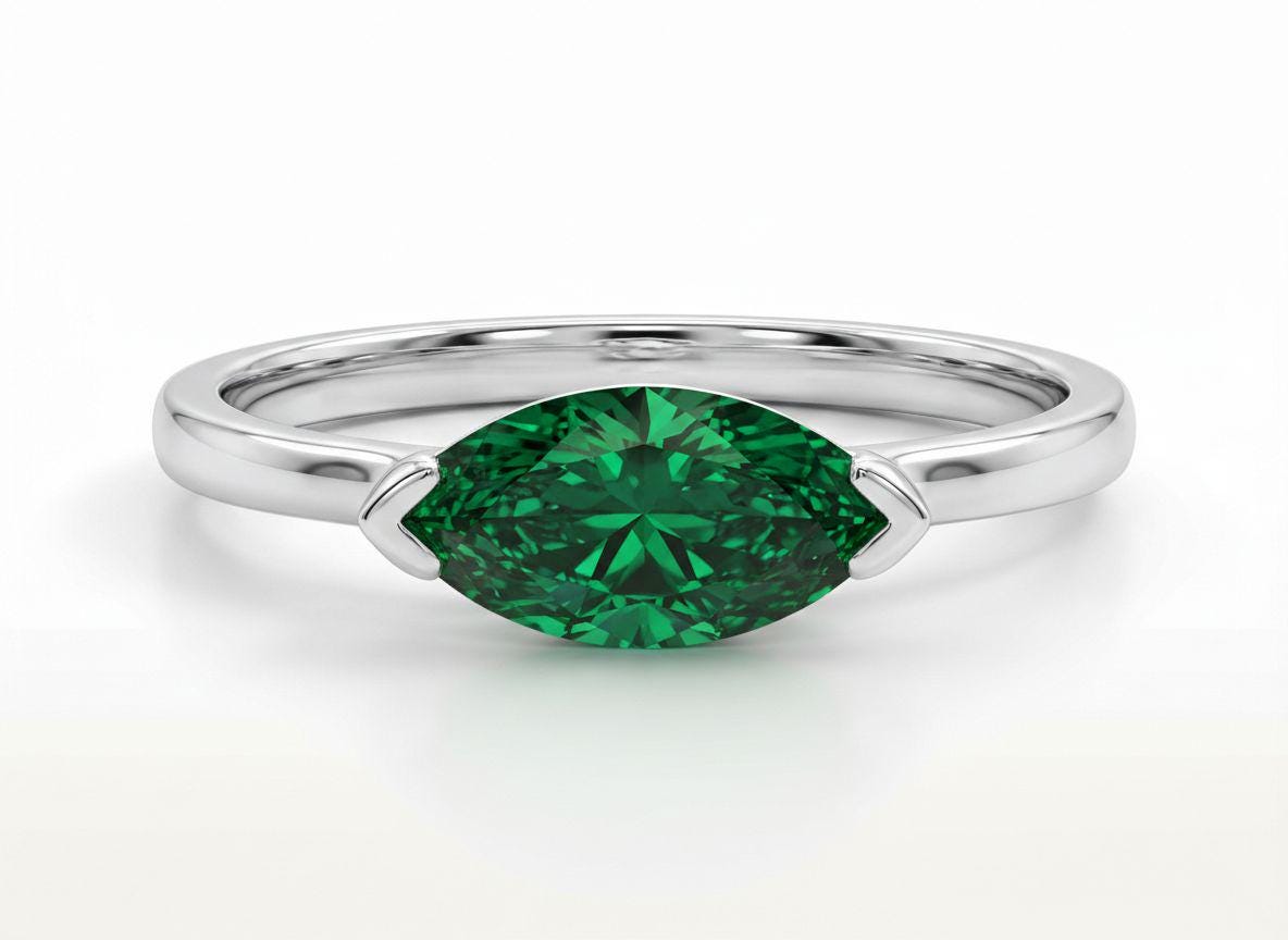 East West Marquise Emerald CZ Travel Ring | Minimalist Green Solitaire Ring | May Birthstone Vacation Ring