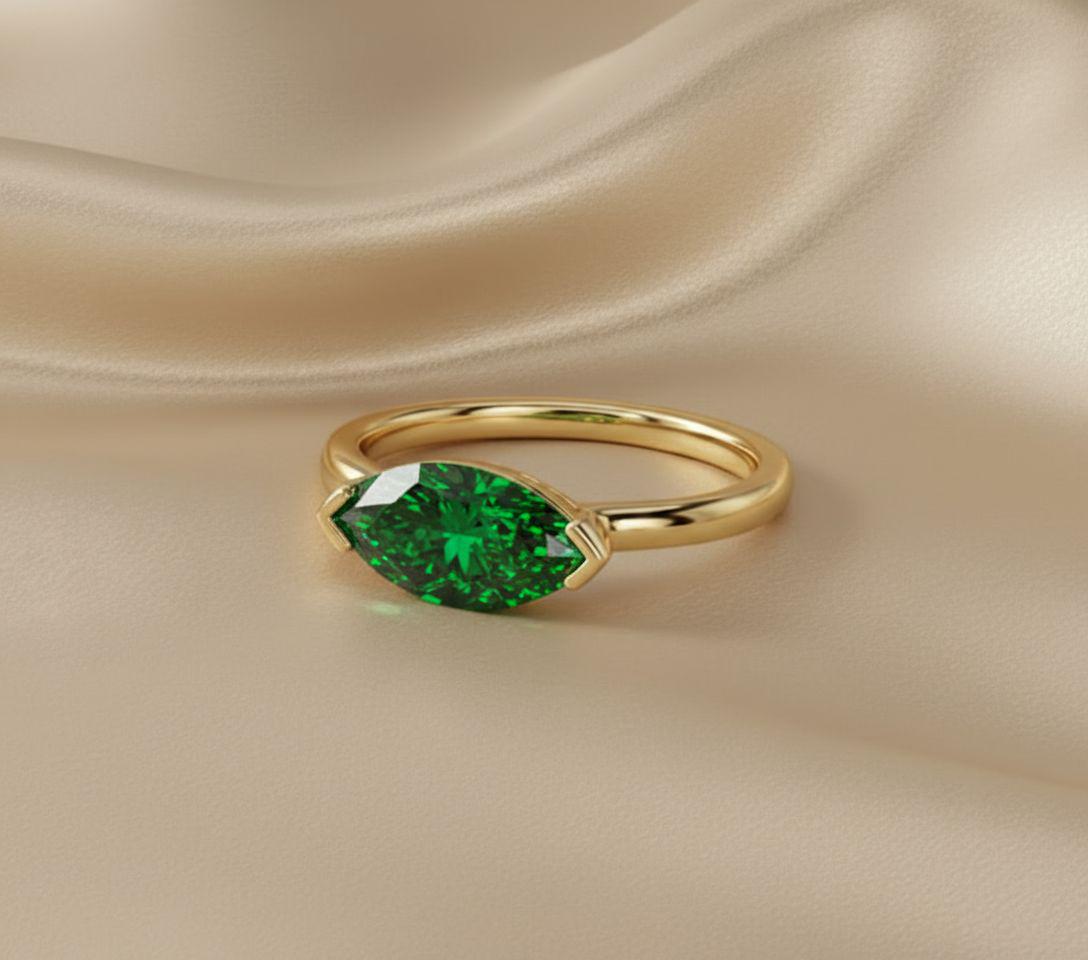 East West Marquise Emerald CZ Travel Ring | Minimalist Green Solitaire Ring | May Birthstone Vacation Ring