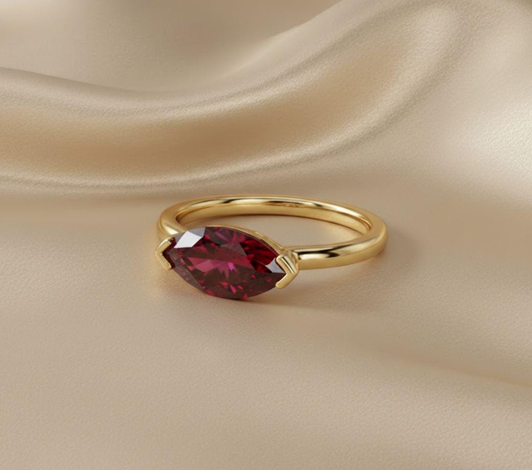 East West Marquise Ruby CZ Travel Ring, July Birthstone Solitaire Ring, Minimalist Red Gemstone Vacation Engagement Ring