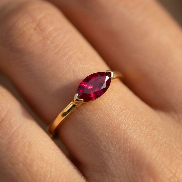 East West Marquise Ruby CZ Travel Ring, July Birthstone Solitaire Ring, Minimalist Red Gemstone Vacation Engagement Ring