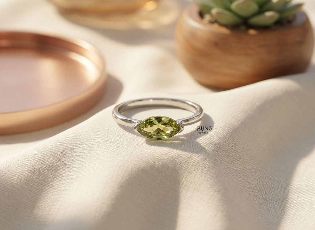 East West Marquise Peridot CZ Travel Ring | Minimalist Lime Green Solitaire Ring | August Birthstone Ring
