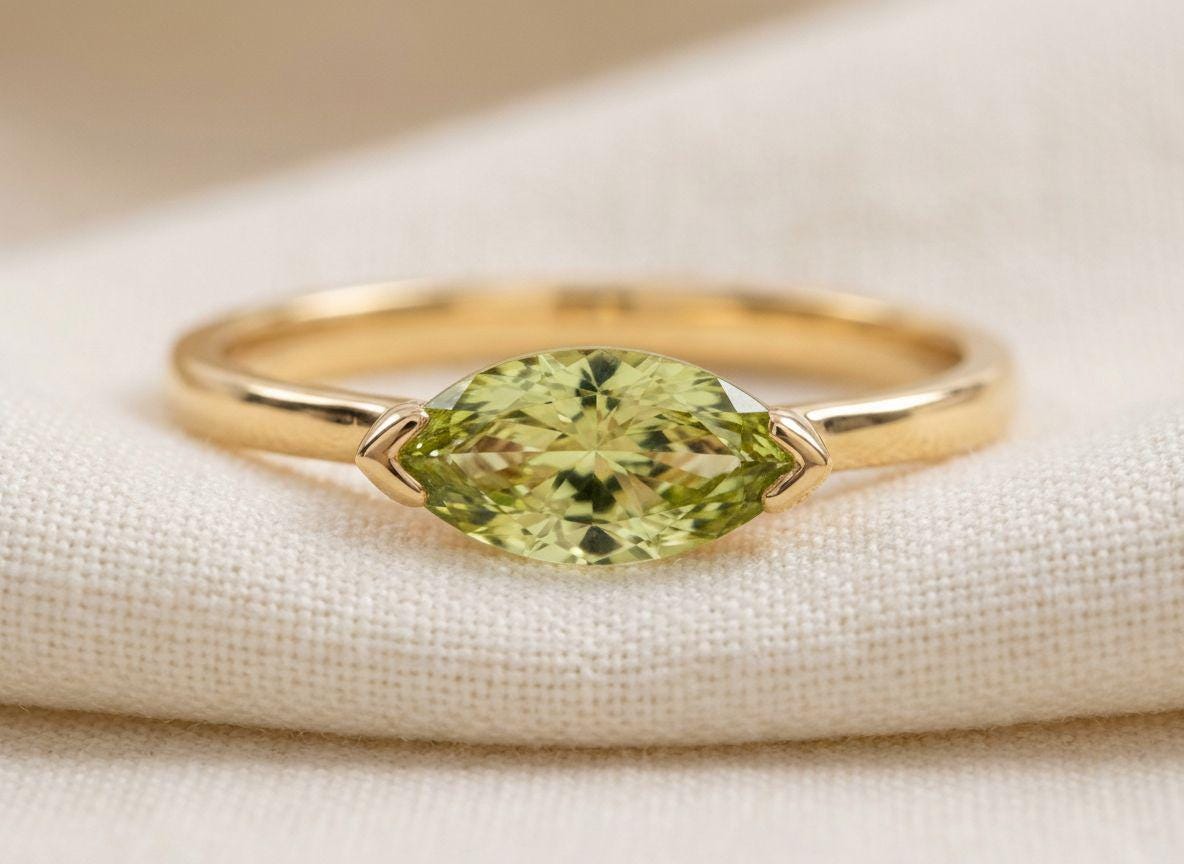 East West Marquise Peridot CZ Travel Ring | Minimalist Lime Green Solitaire Ring | August Birthstone Ring