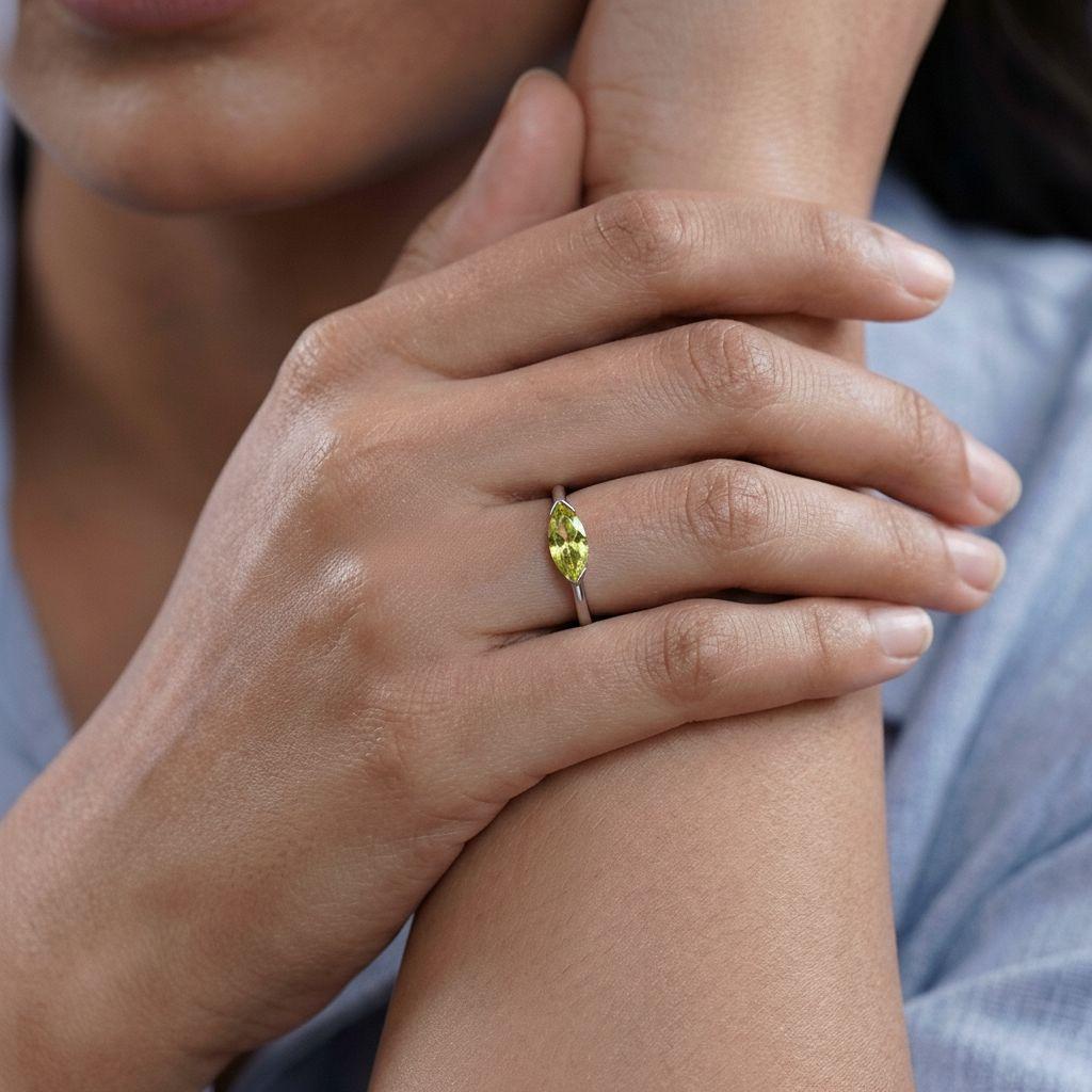 East West Marquise Peridot CZ Travel Ring | Minimalist Lime Green Solitaire Ring | August Birthstone Ring