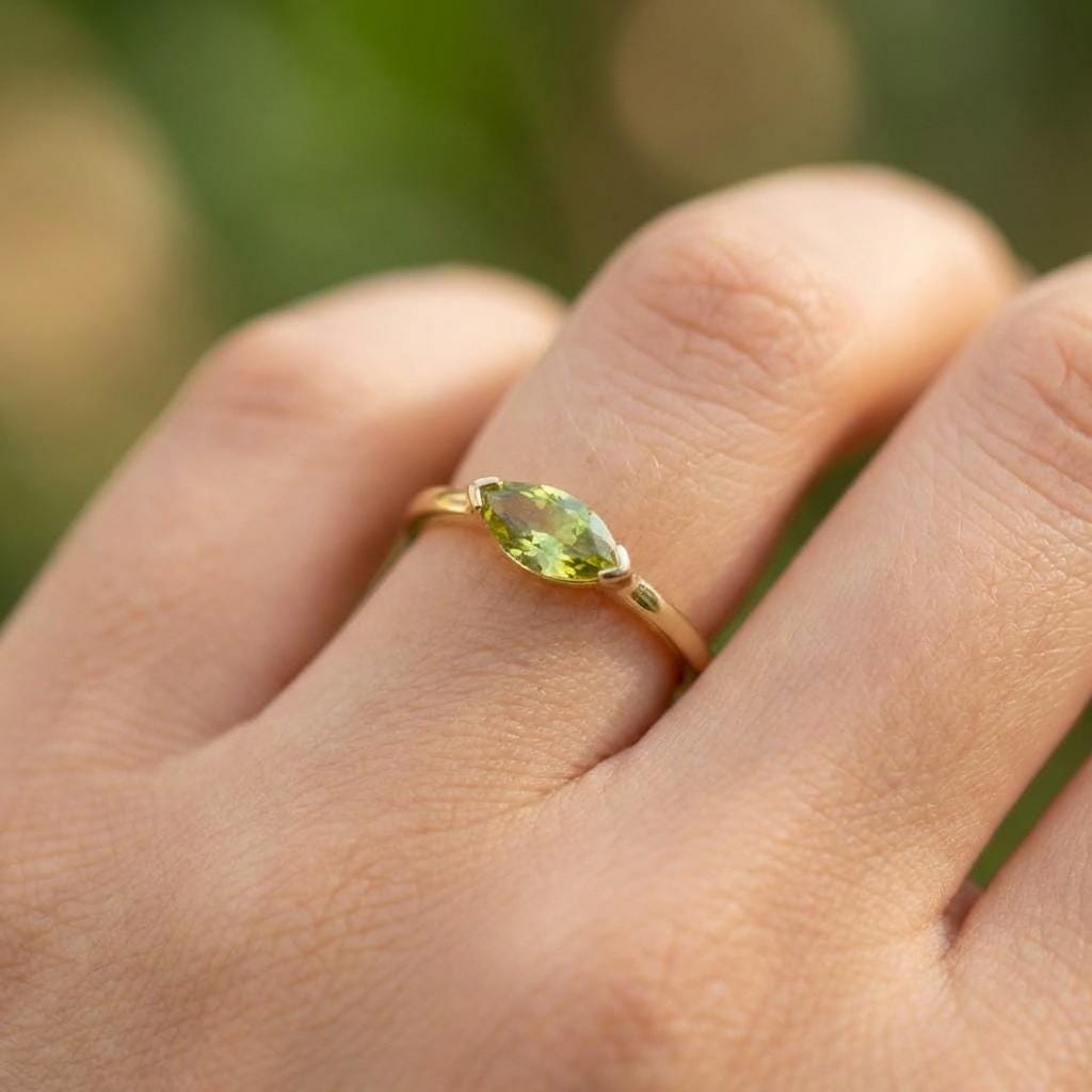 East West Marquise Peridot CZ Travel Ring | Minimalist Lime Green Solitaire Ring | August Birthstone Ring