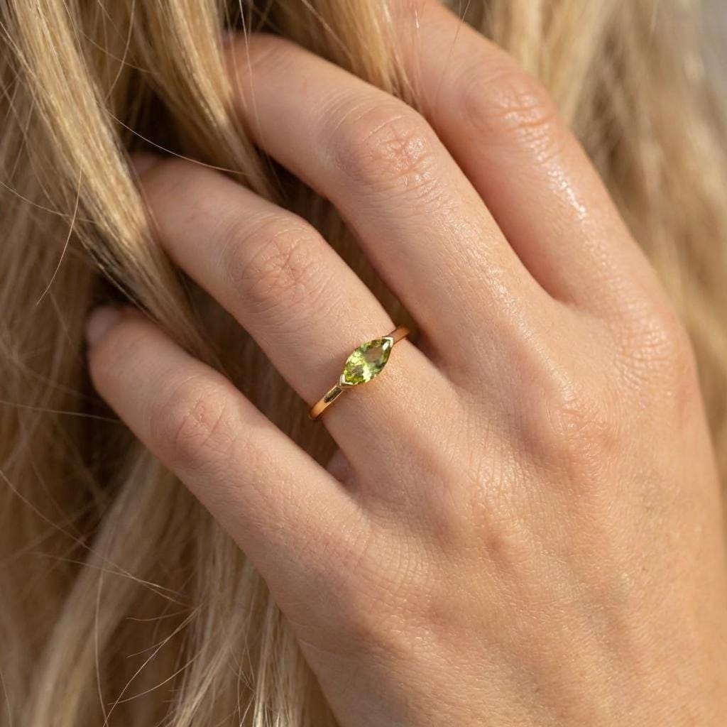 East West Marquise Peridot CZ Travel Ring | Minimalist Lime Green Solitaire Ring | August Birthstone Ring