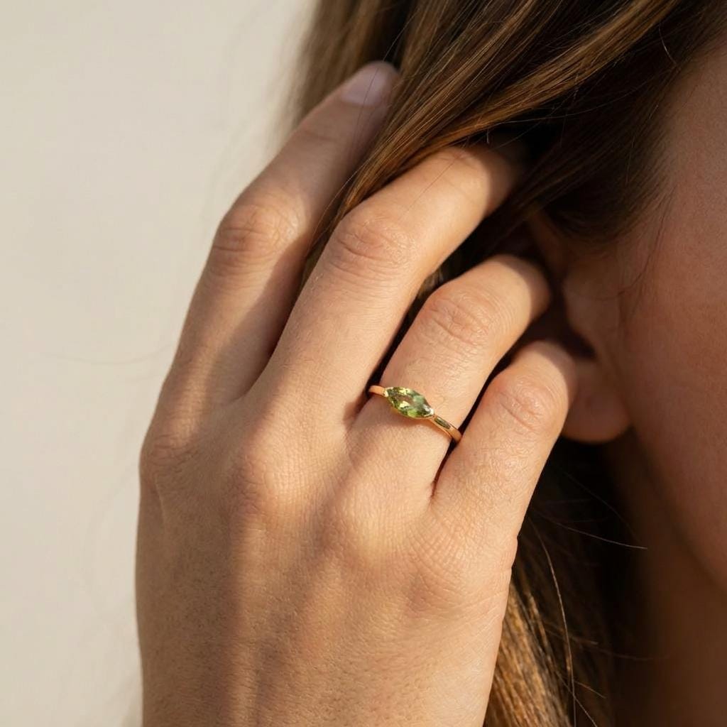 East West Marquise Peridot CZ Travel Ring | Minimalist Lime Green Solitaire Ring | August Birthstone Ring