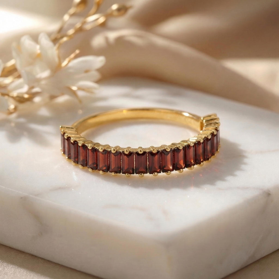 Baguette Garnet Wedding Band, 18K Gold Stackable Ring, Promise Ring Gift for Women, January Birthstone