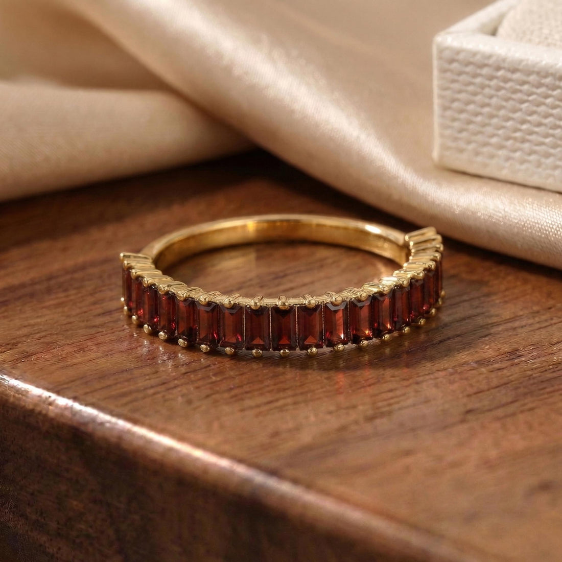 Baguette Garnet Wedding Band, 18K Gold Stackable Ring, Promise Ring Gift for Women, January Birthstone