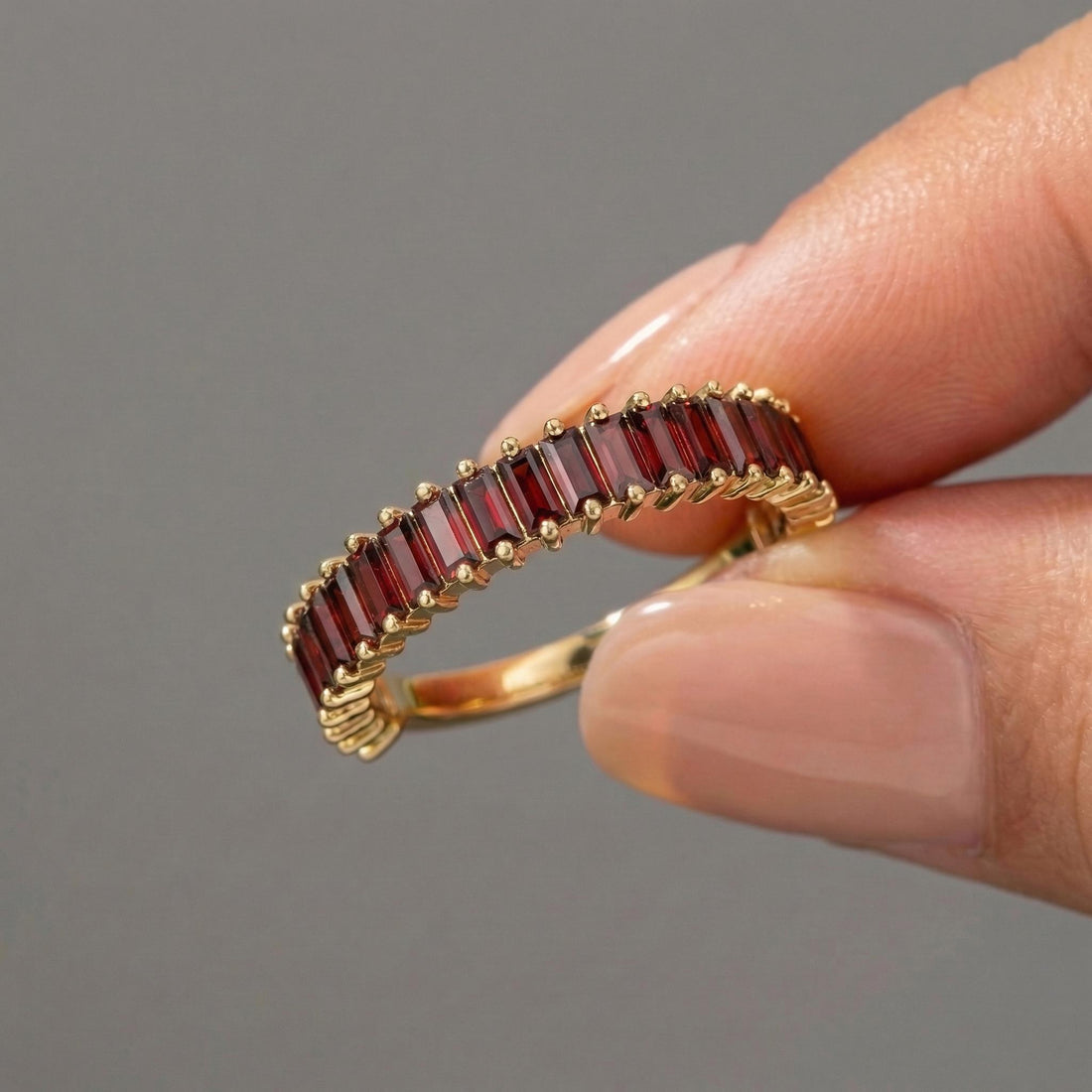 Baguette Garnet Wedding Band, 18K Gold Stackable Ring, Promise Ring Gift for Women, January Birthstone