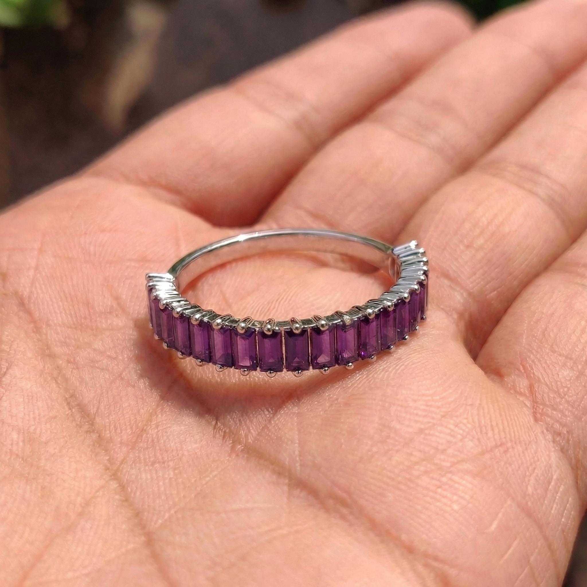 Baguette Amethyst Wedding Band, 18K Gold Stackable Ring, Promise Ring Gift for Women, February Birthstone