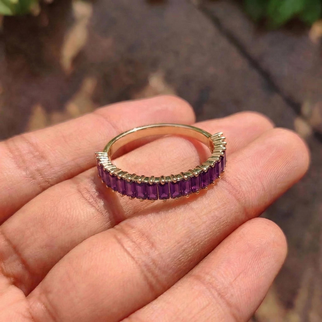 Baguette Amethyst Wedding Band, 18K Gold Stackable Ring, Promise Ring Gift for Women, February Birthstone