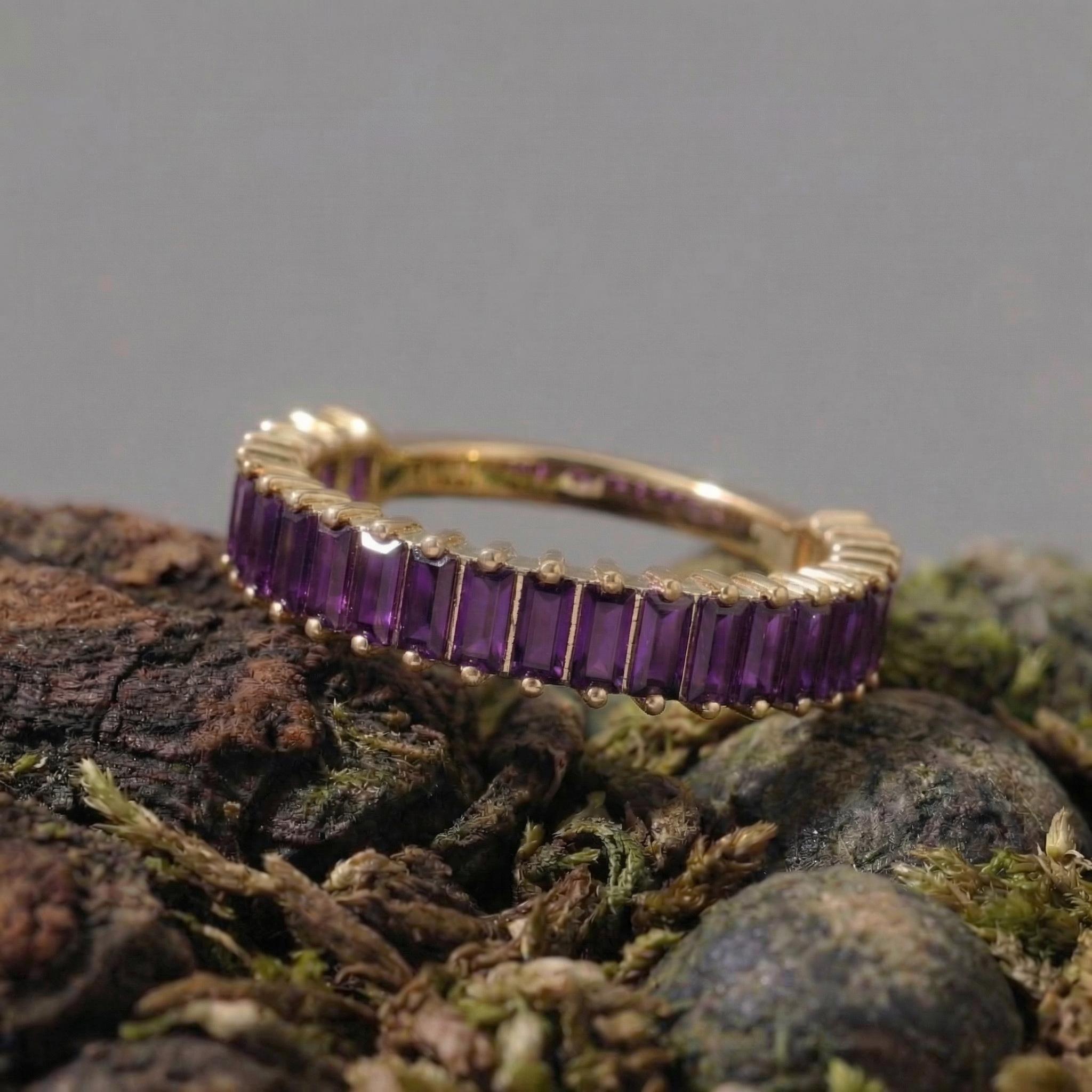 Baguette Amethyst Wedding Band, 18K Gold Stackable Ring, Promise Ring Gift for Women, February Birthstone
