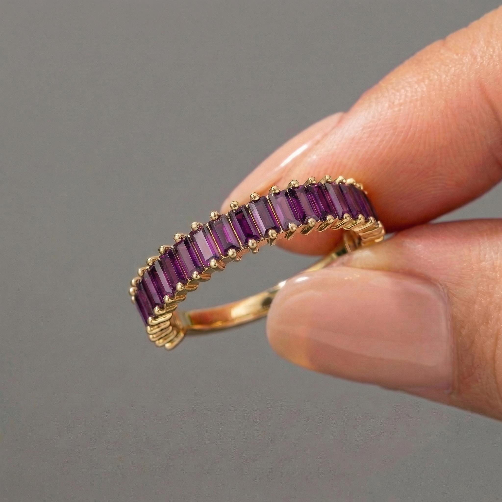 Baguette Amethyst Wedding Band, 18K Gold Stackable Ring, Promise Ring Gift for Women, February Birthstone