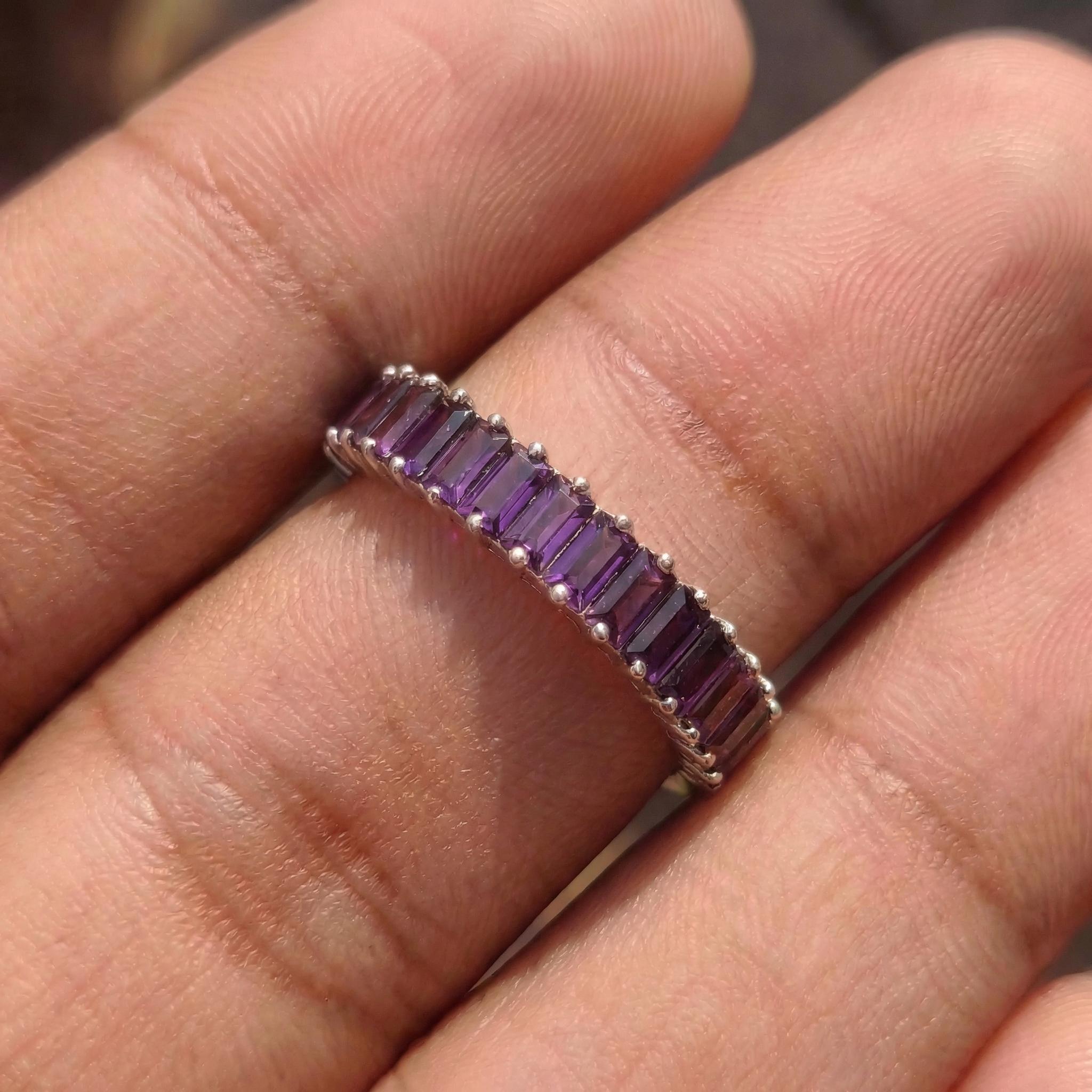Baguette Amethyst Wedding Band, 18K Gold Stackable Ring, Promise Ring Gift for Women, February Birthstone