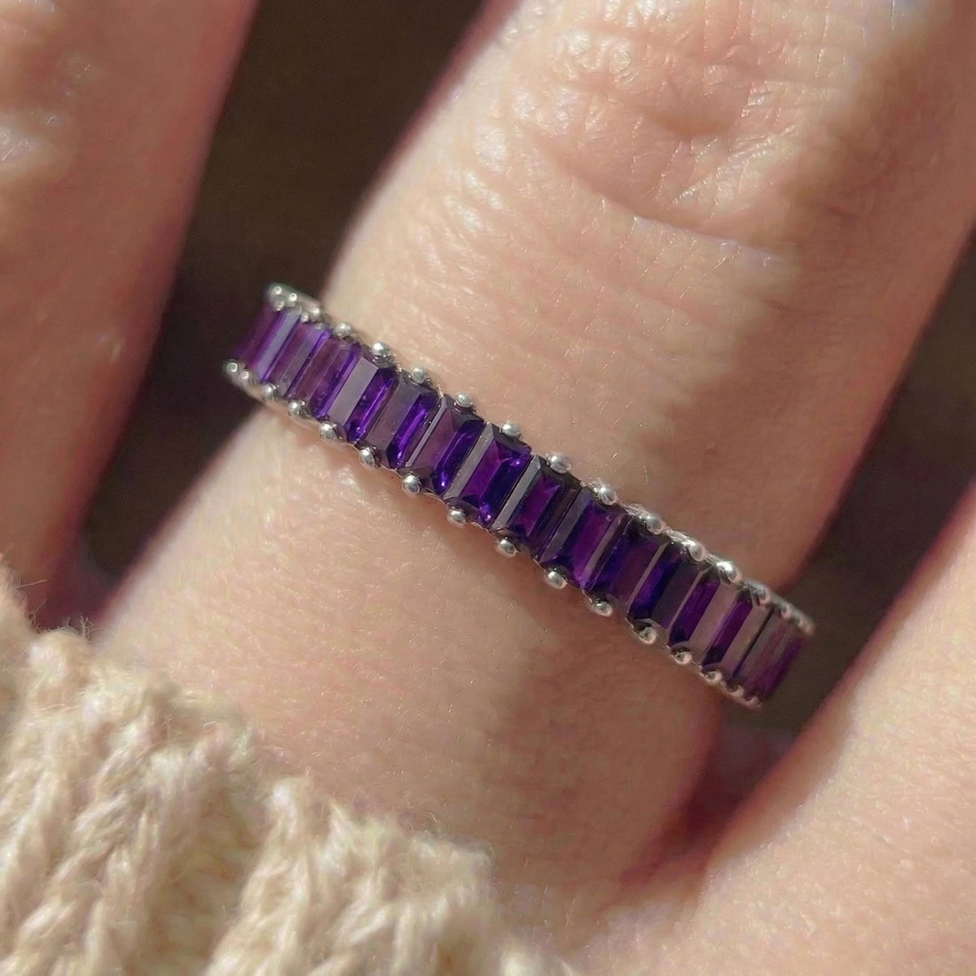 Baguette Amethyst Wedding Band, 18K Gold Stackable Ring, Promise Ring Gift for Women, February Birthstone