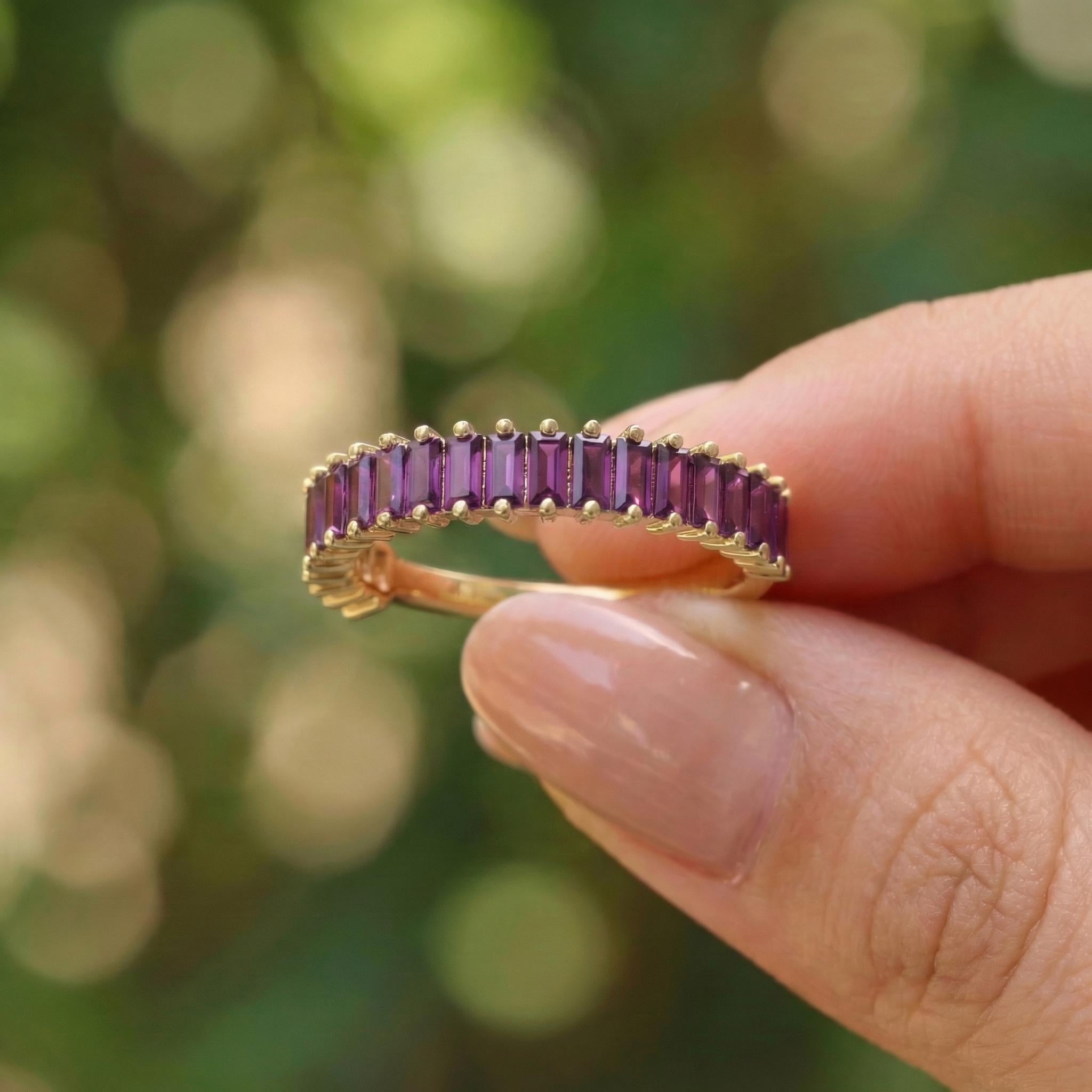 Baguette Amethyst Wedding Band, 18K Gold Stackable Ring, Promise Ring Gift for Women, February Birthstone