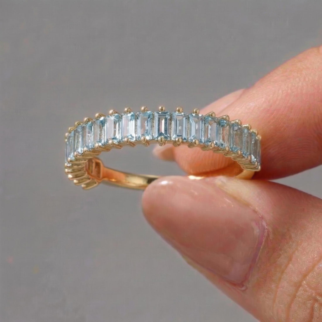 Baguette Aquamarine Wedding Band, 18K Gold Stackable Ring, Promise Ring Gift for Women, March Birthstone
